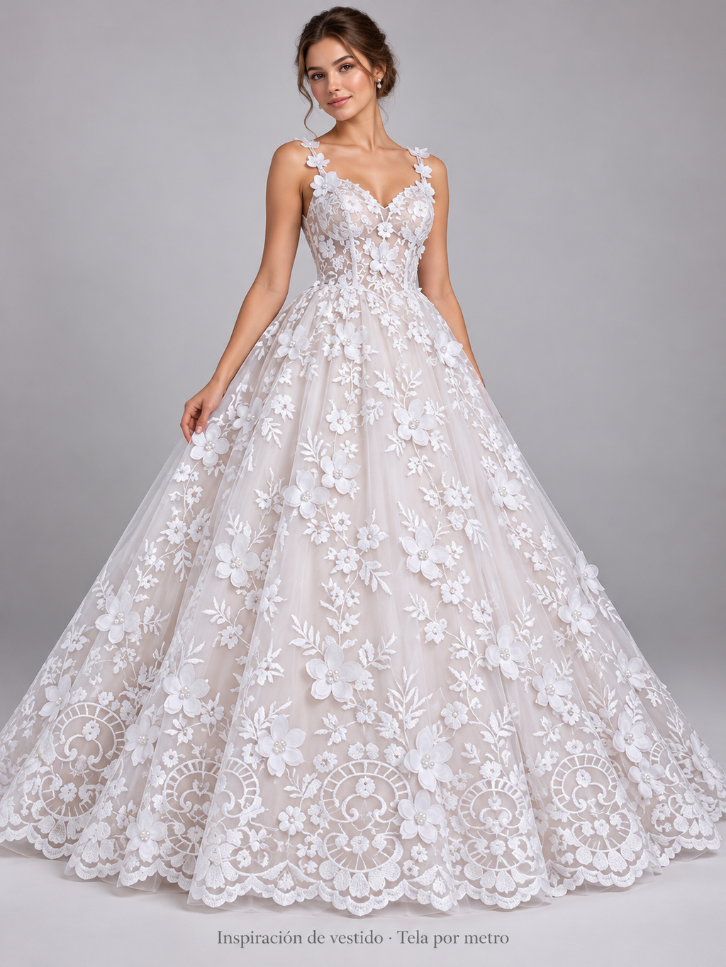 H139 blanco · Inspiración de vestido generada con IA. Se vende tela por metro.