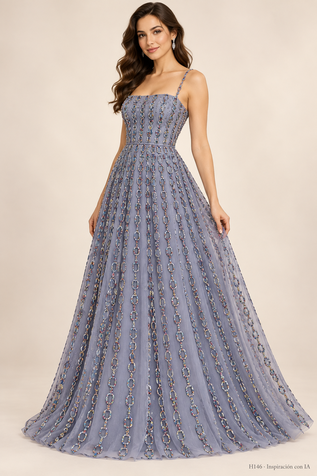 H146 Gris · Inspiración de vestido generada con IA basada en esta tela. Se vende tela por metro.