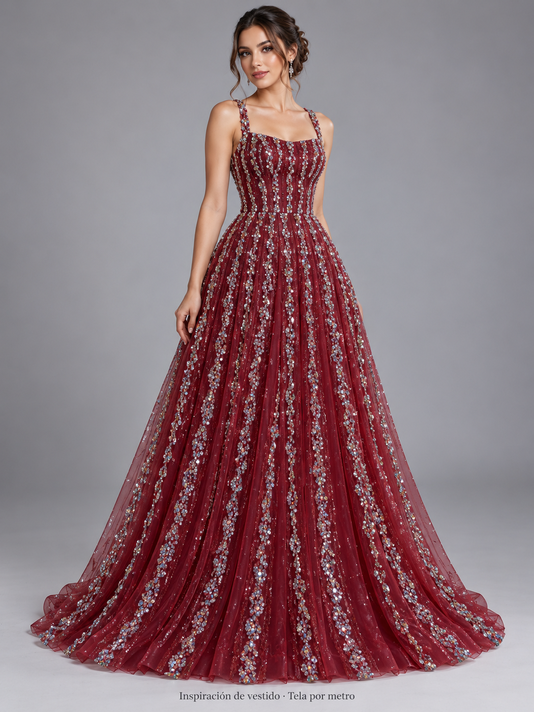 Tul bordado Con Aplicaciones de Pedrería en Línea Color Rojo H146, ideal para vestidos de noche de boda y de XV años · Inspiración de vestido generada con IA. Se vende tela por metro.