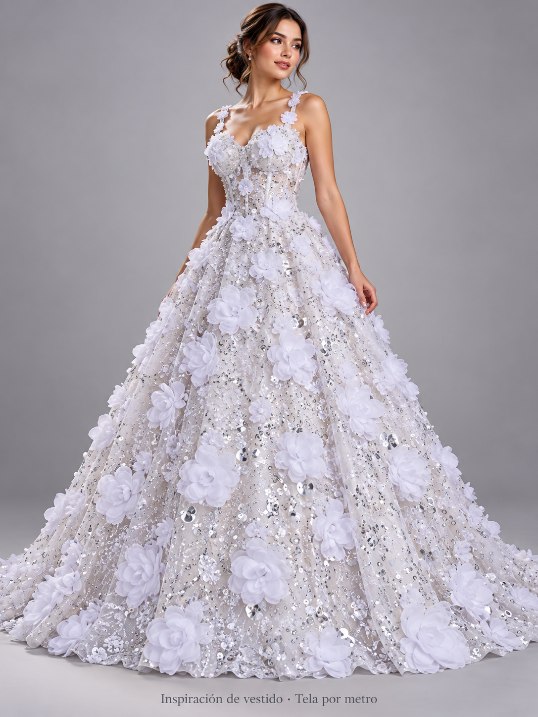 H147 blanco · Inspiración de vestido generada con IA. Se vende tela por metro.