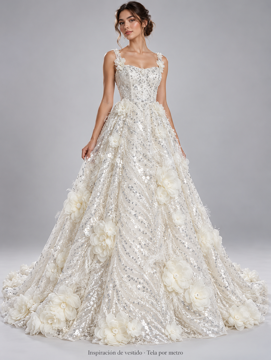 H147 hueso · Inspiración de vestido generada con IA. Se vende tela por metro.