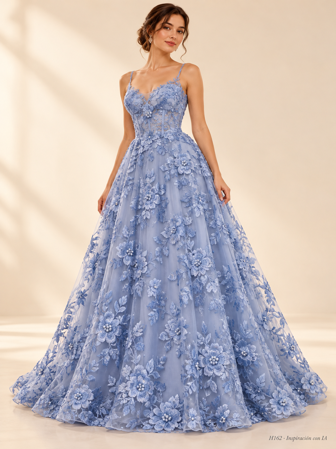 H162 · Inspiración de vestido generada con IA basada en esta tela. Se vende tela por metro.