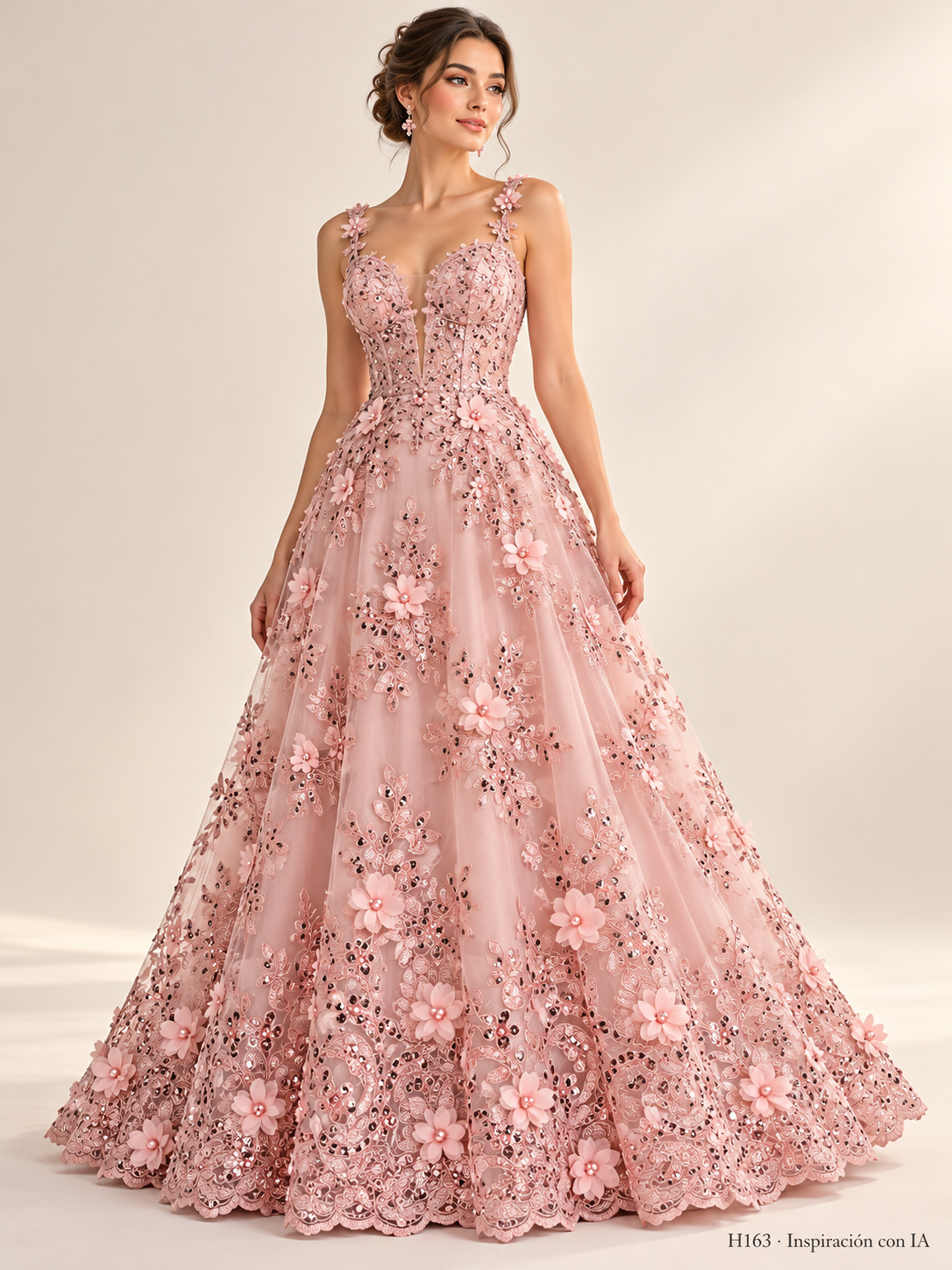 H163 rosa pastel · Inspiración con IA · 7727514550350. Ilustración de vestido basada en la fotografía de esta tela. Se vende tela por metro.