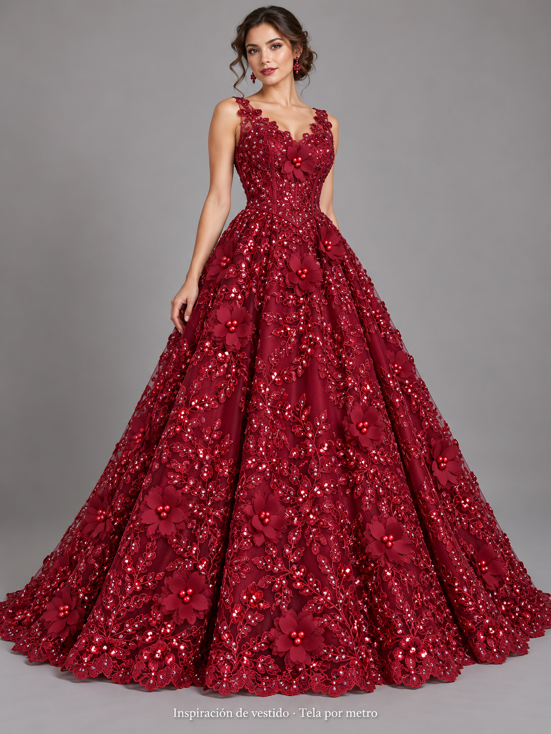 Tul bordado color vino H163, ideal para vestidos de noche de boda y de XV años · Inspiración de vestido generada con IA. Se vende tela por metro.