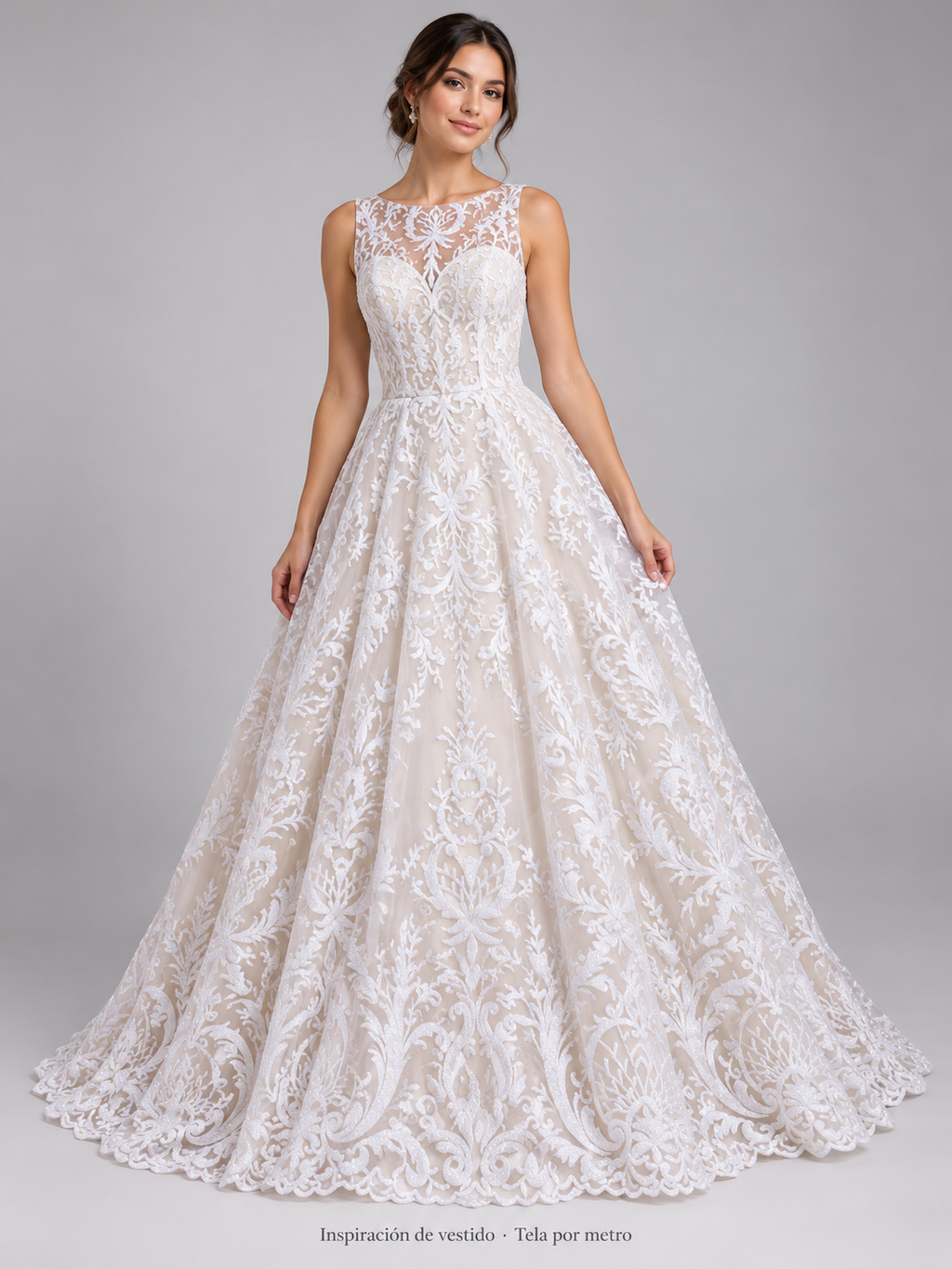H169 blanco · Inspiración de vestido generada con IA. Se vende tela por metro.