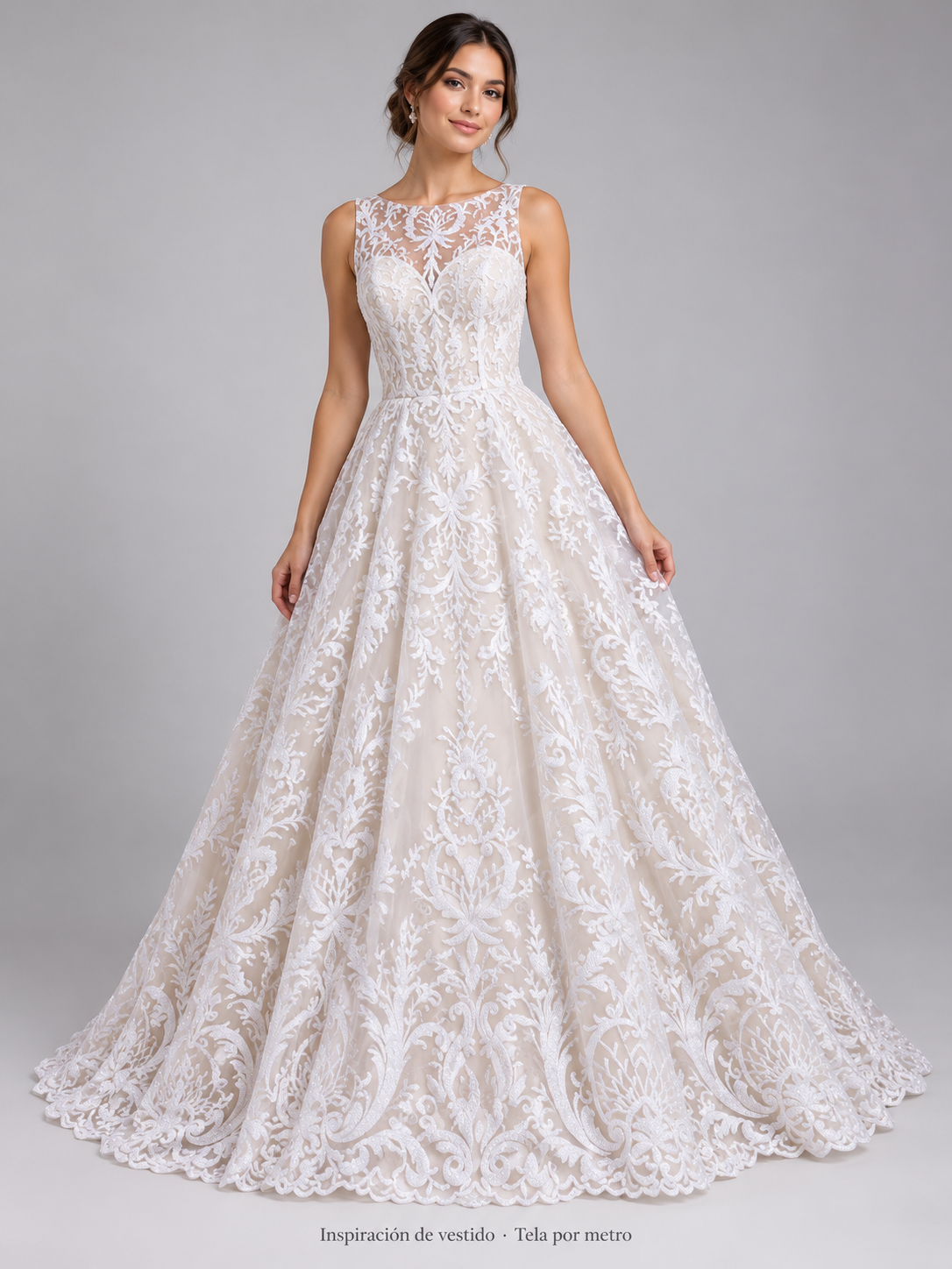 H169 blanco · Inspiración de vestido generada con IA. Se vende tela por metro.