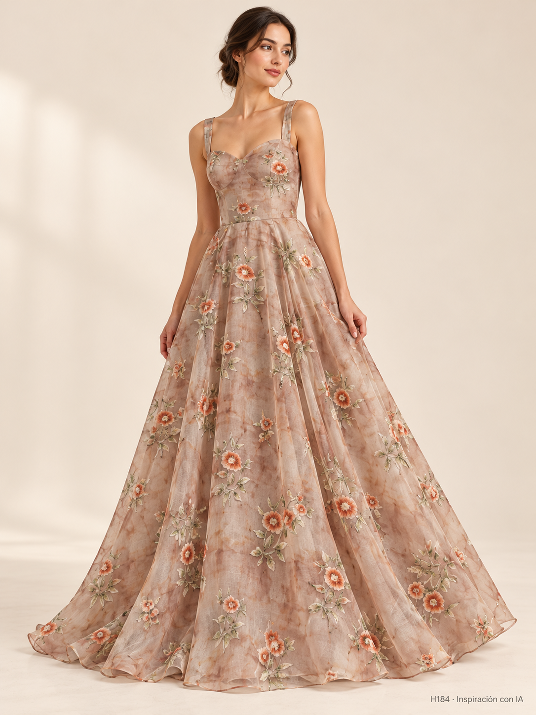H184 · Inspiración de vestido generada con IA. Se vende tela por metro.