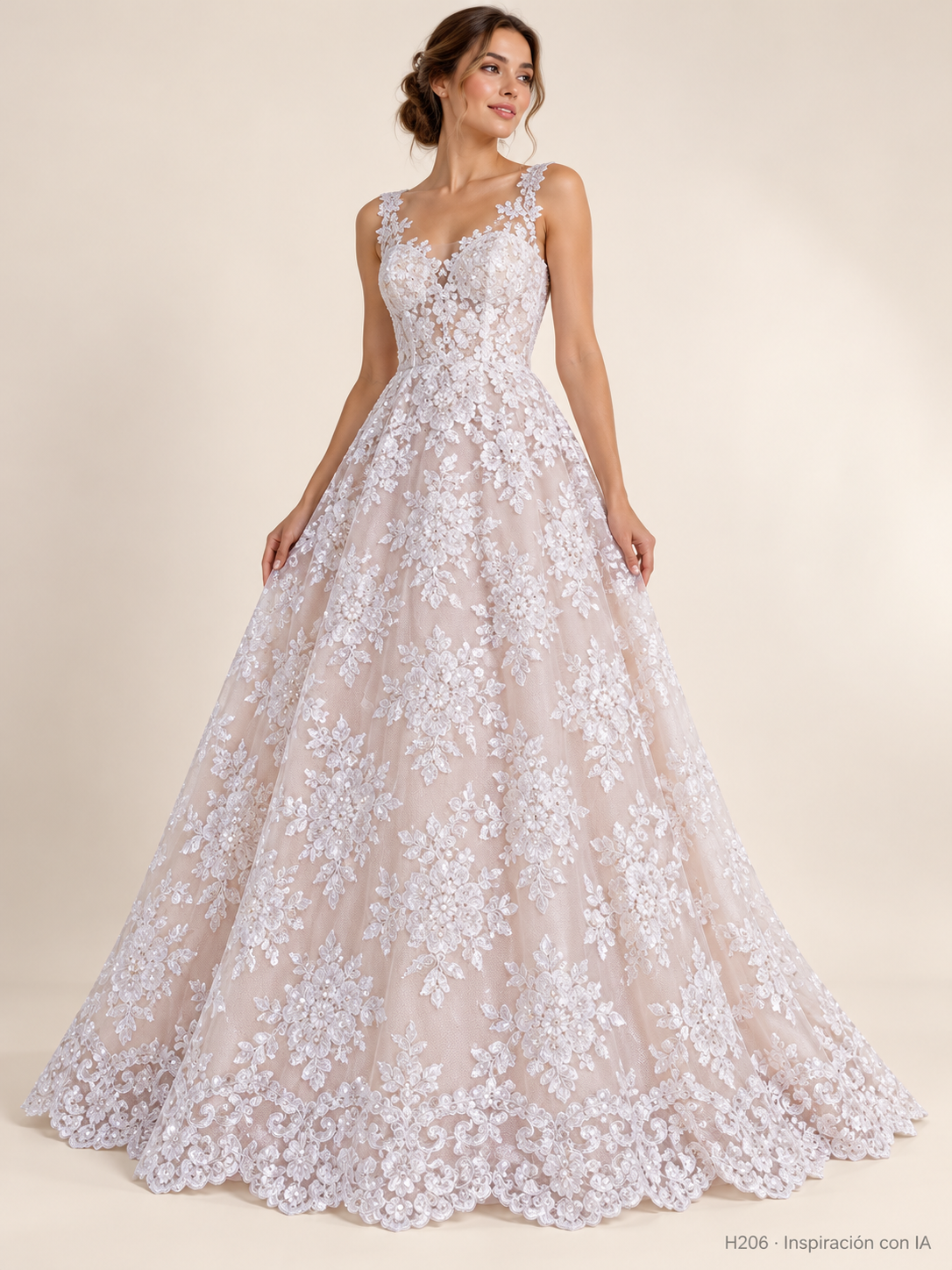 H206 · Inspiración de vestido generada con IA basada en esta tela. Se vende tela por metro.