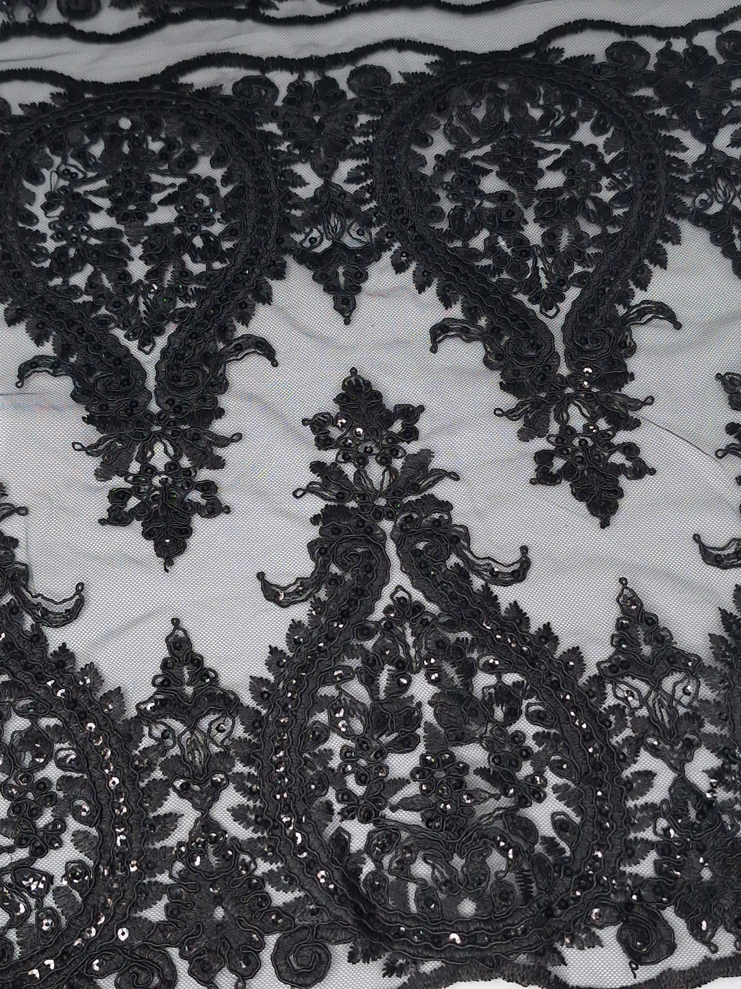 Tul bordado color negro H129, ideal para vestidos de noche de boda y de XV años