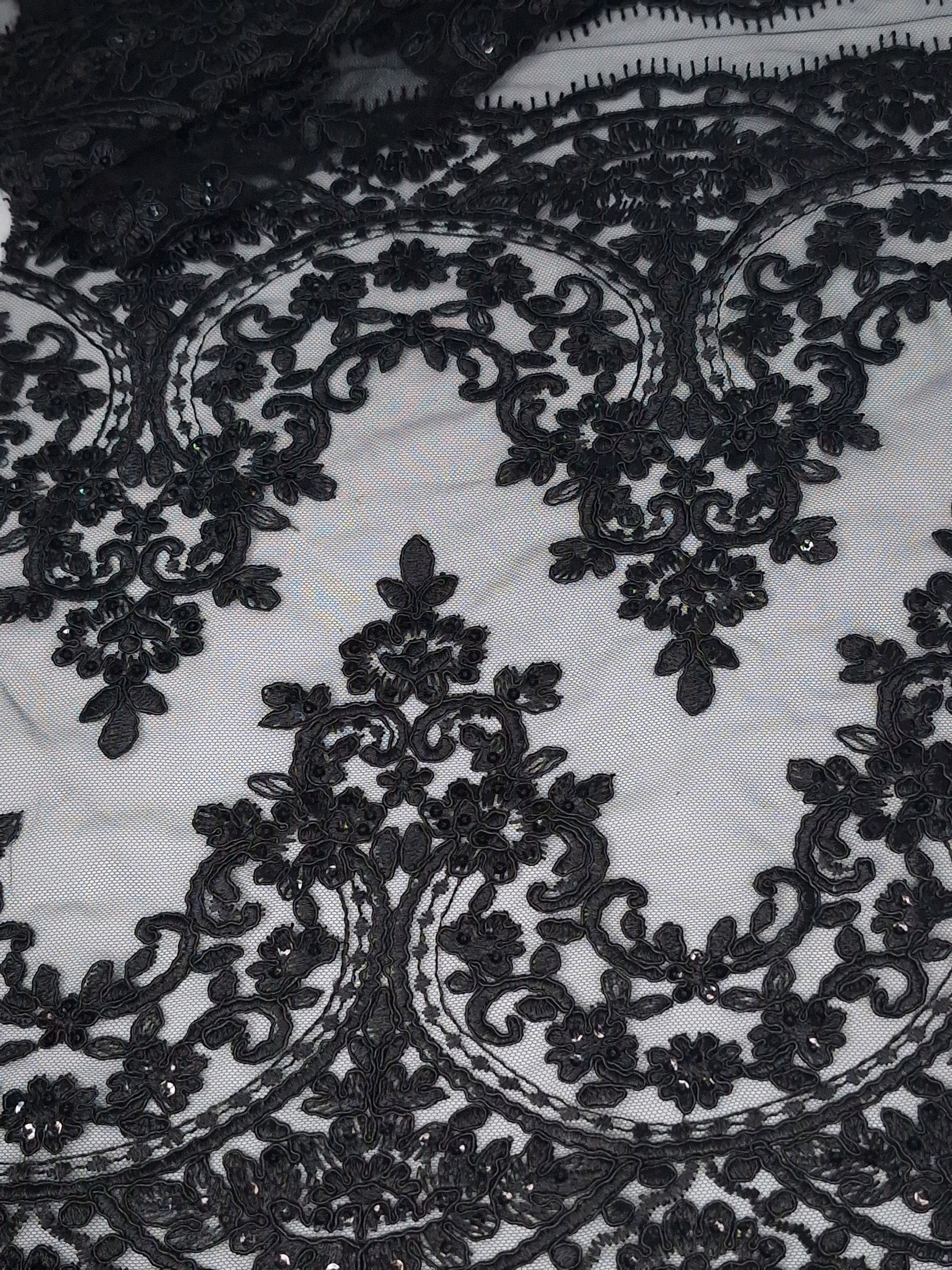 Tul bordado color negro H130, ideal para vestidos de noche de boda y de XV años
