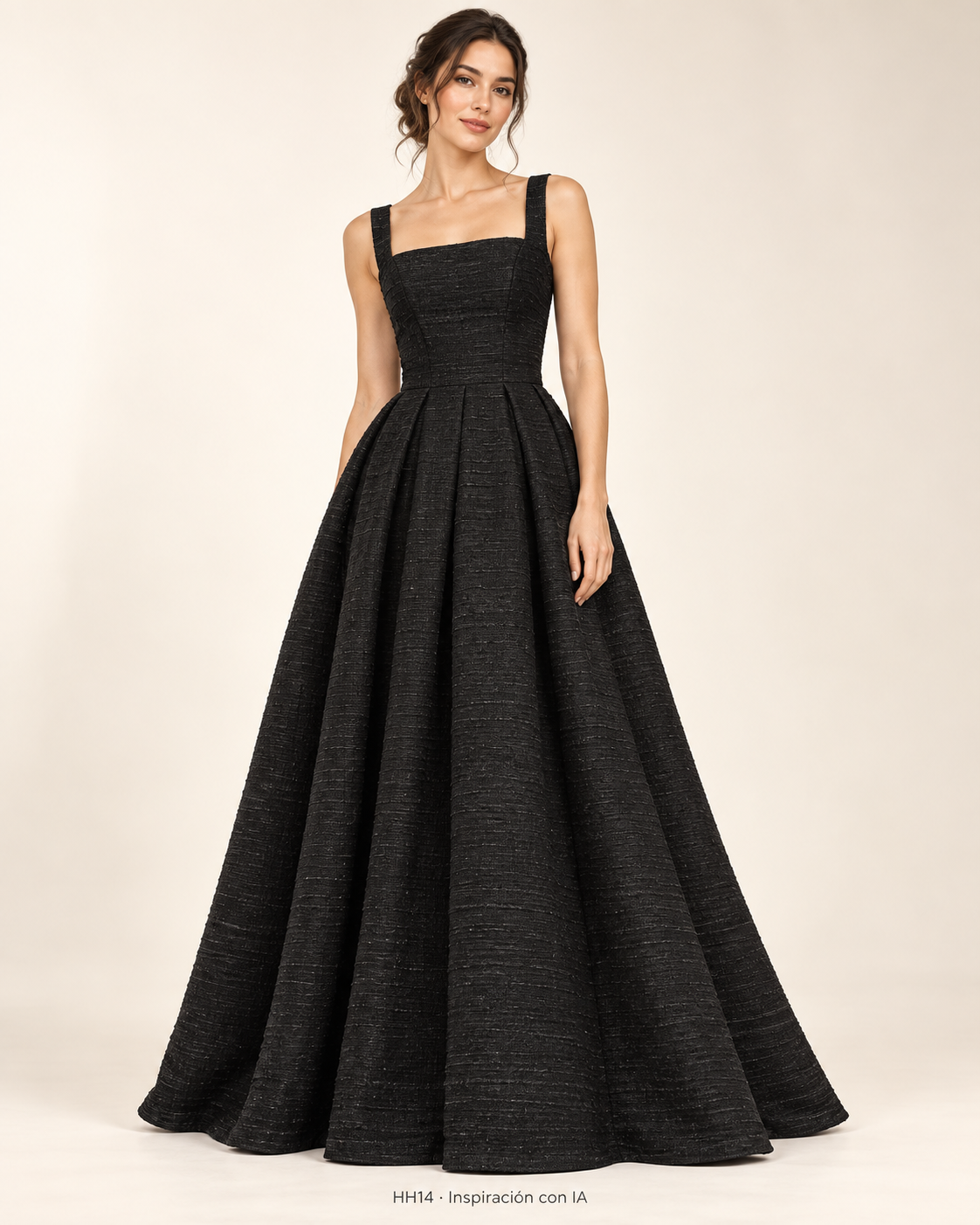 HH14: vestido de inspiración generado con IA basado en la muestra NEGRO. Se vende tela por metro.