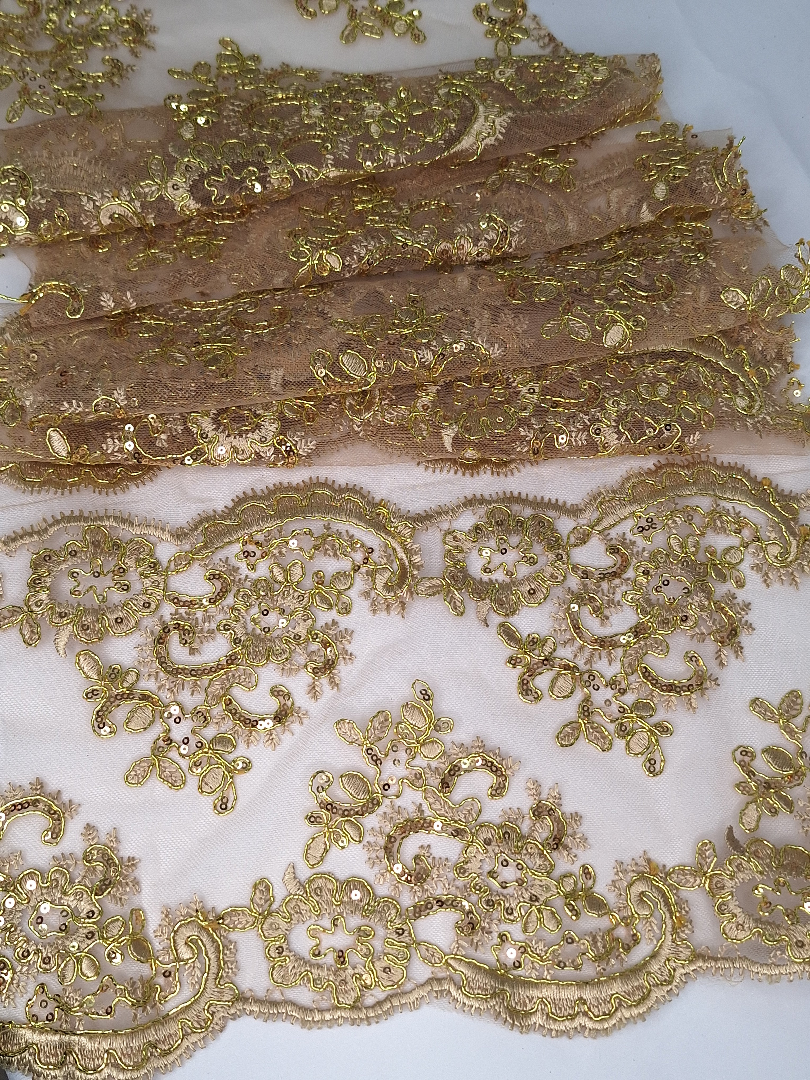 Tul Bordado Con Diseño Floral Con Lentejuela Color Oro- HH143 ideal para vestidos de noche de boda y de XV años