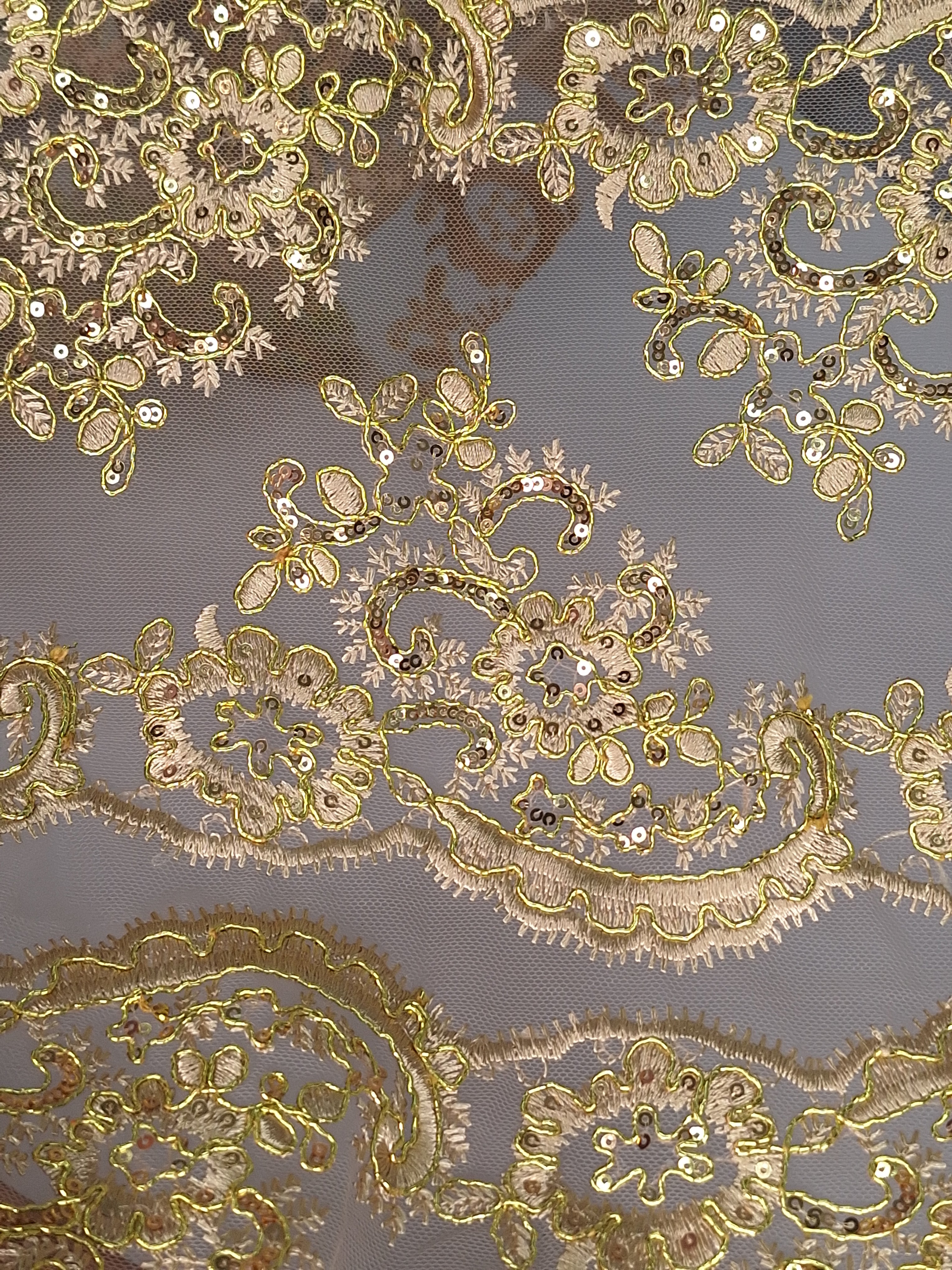 Tul Bordado Con Diseño Floral Con Lentejuela Color Oro- HH143 ideal para vestidos de noche de boda y de XV años