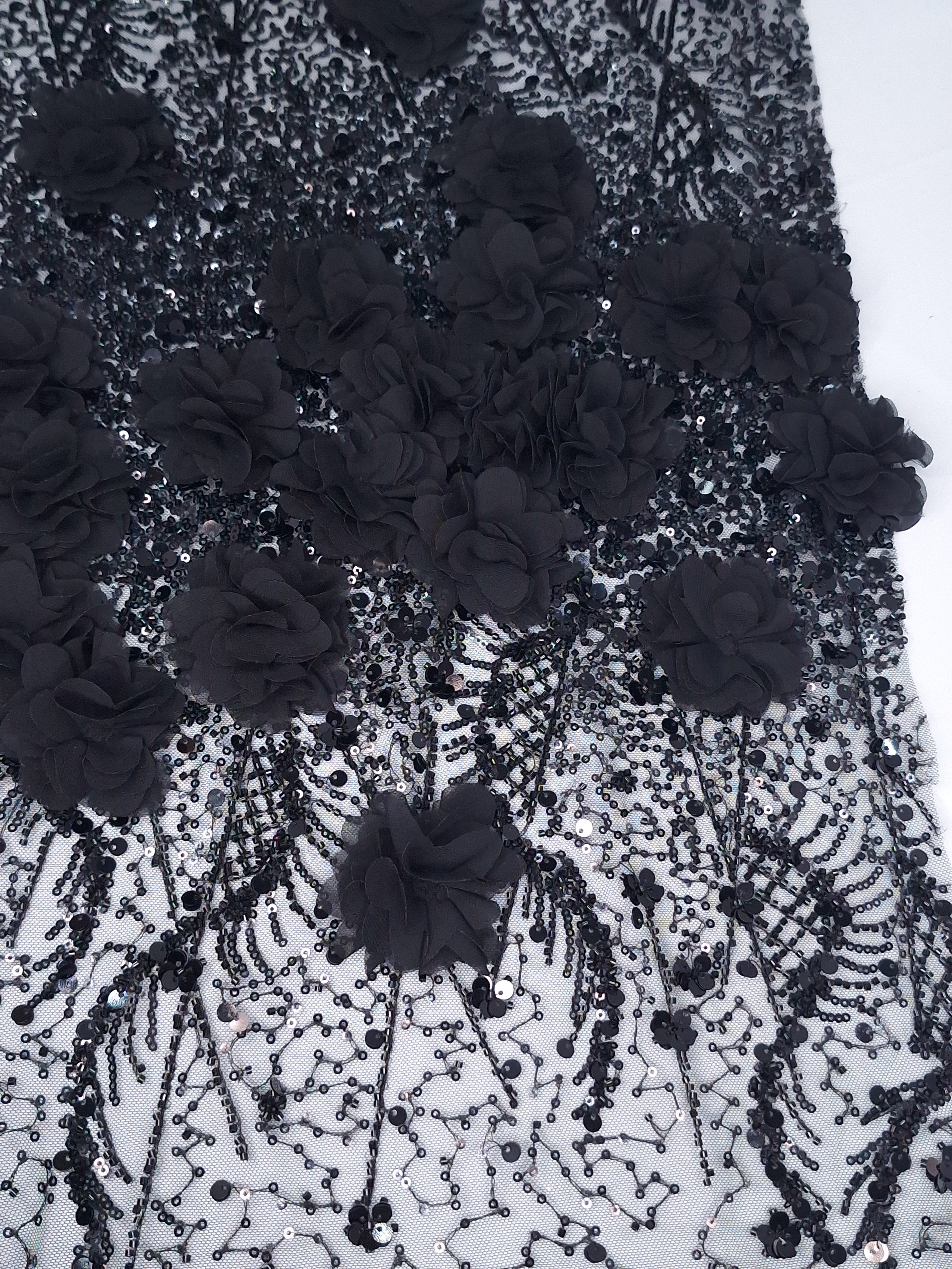 Tul bordado color negro H147, ideal para vestidos de noche de boda y de XV años