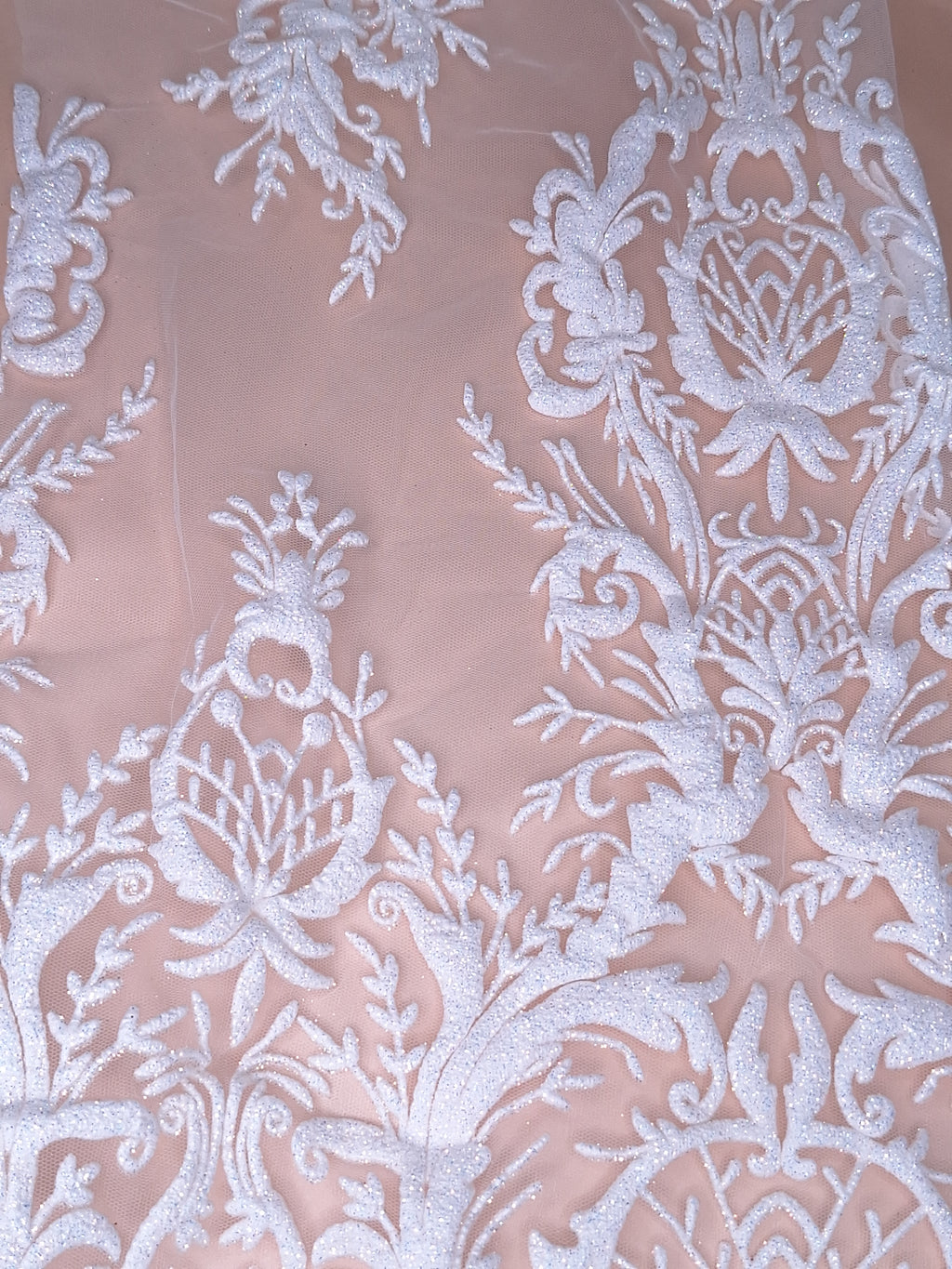 Tul Bordado Con Diseño En Acabado Glitter Color Blanco- HH169 ideal para vestidos de noche de boda y de XV años
