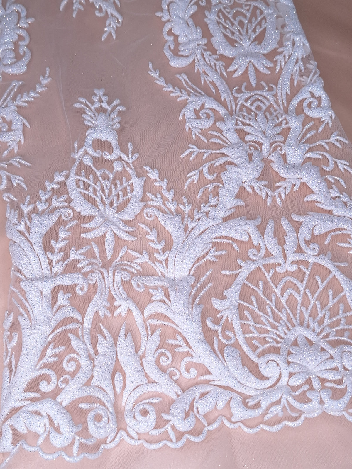 Tul Bordado Con Diseño En Acabado Glitter Color Blanco- HH169 ideal para vestidos de noche de boda y de XV años