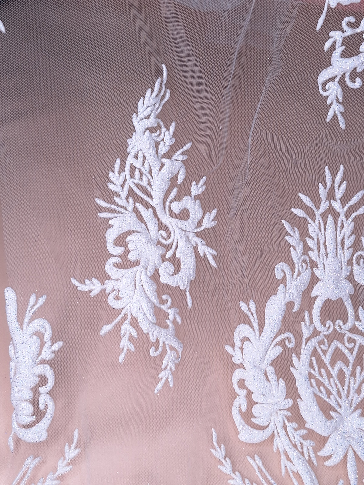 Tul Bordado Con Diseño En Acabado Glitter Color Blanco- HH169 ideal para vestidos de noche de boda y de XV años