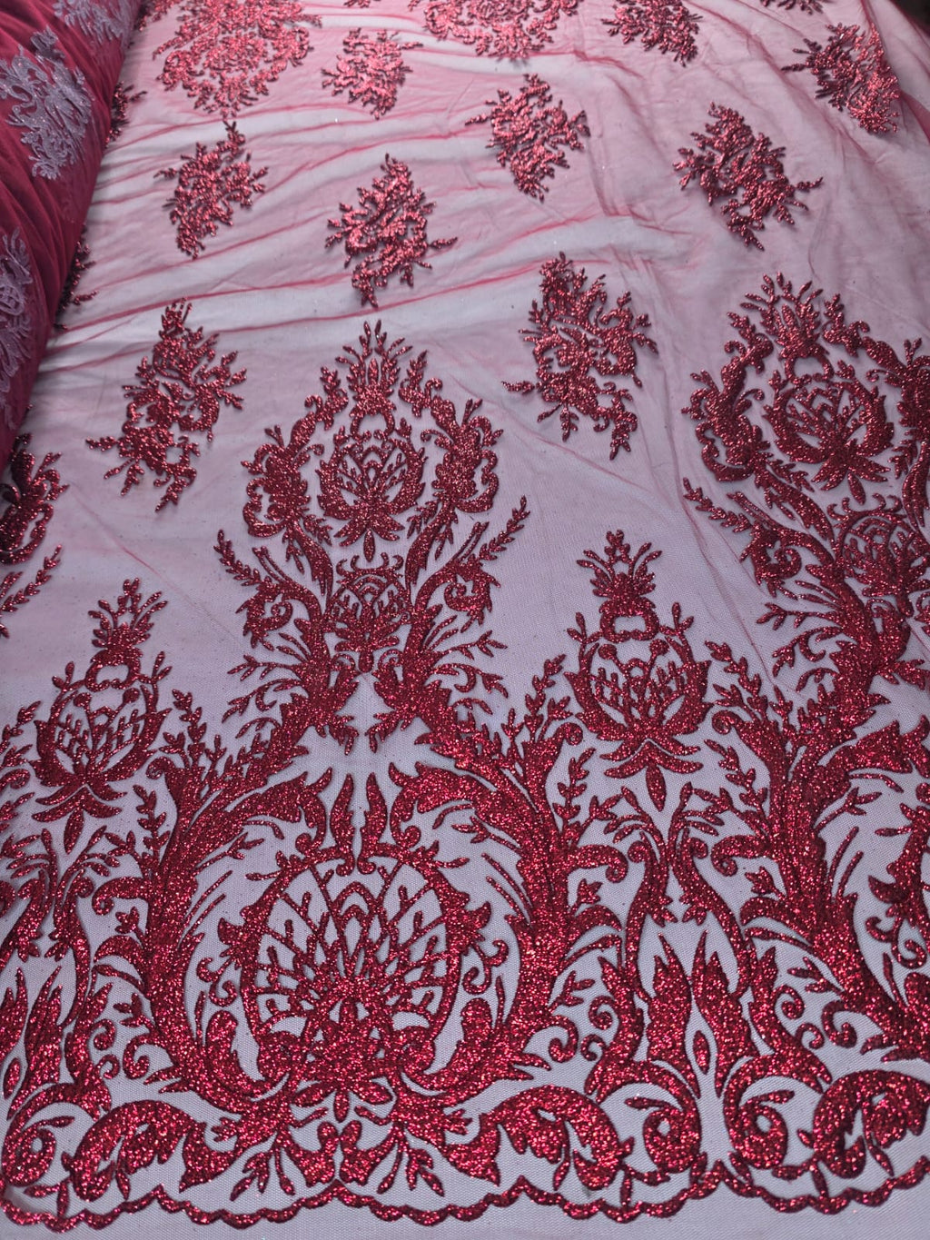 Tul Bordado Con Diseño En Acabado Glitter Color Vino- HH169 ideal para vestidos de noche de boda y de XV años