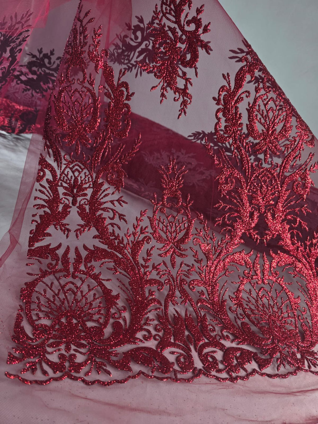 Tul Bordado Con Diseño En Acabado Glitter Color Vino- HH169 ideal para vestidos de noche de boda y de XV años