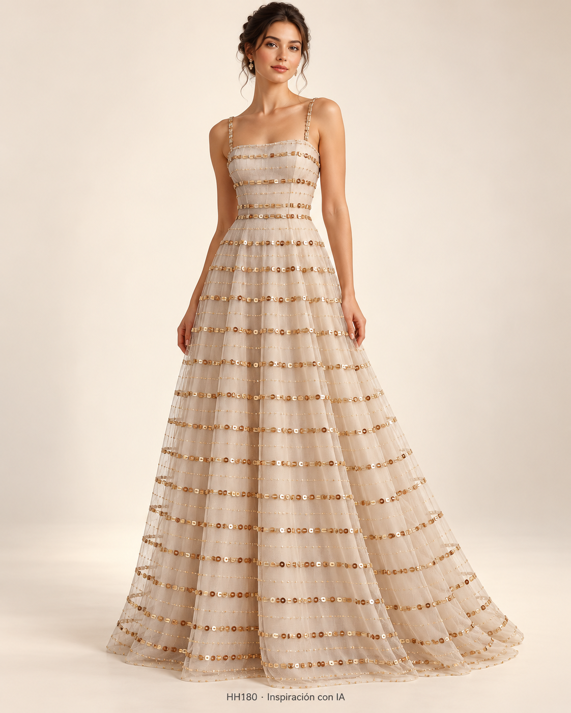 HH180: vestido de inspiración generado con IA basado en la muestra ORO; diseño ilustrativo. Se vende tela por metro.