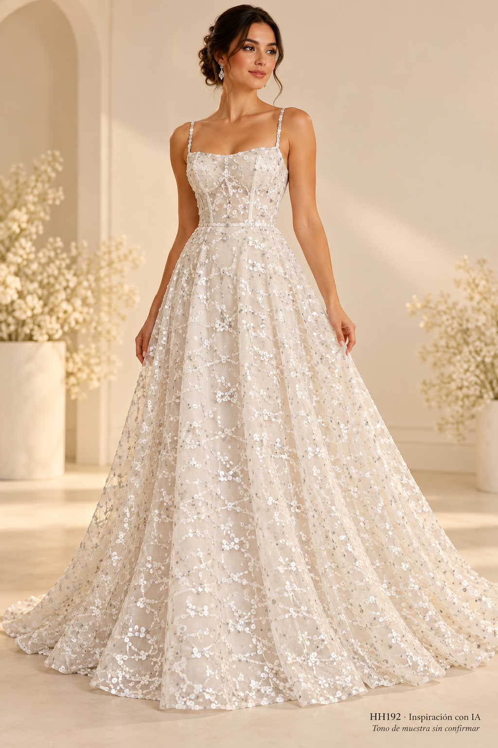 Vestido de inspiración con IA HH192; tono claro de muestra sin confirmar. No confirma el color de las variantes disponibles.