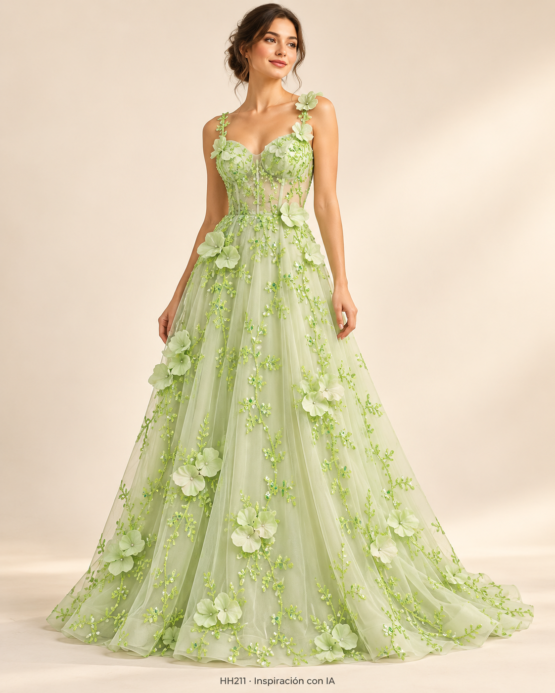 HH211: vestido de inspiración generado con IA basado en la muestra VERDE; diseño ilustrativo. Se vende tela por metro.