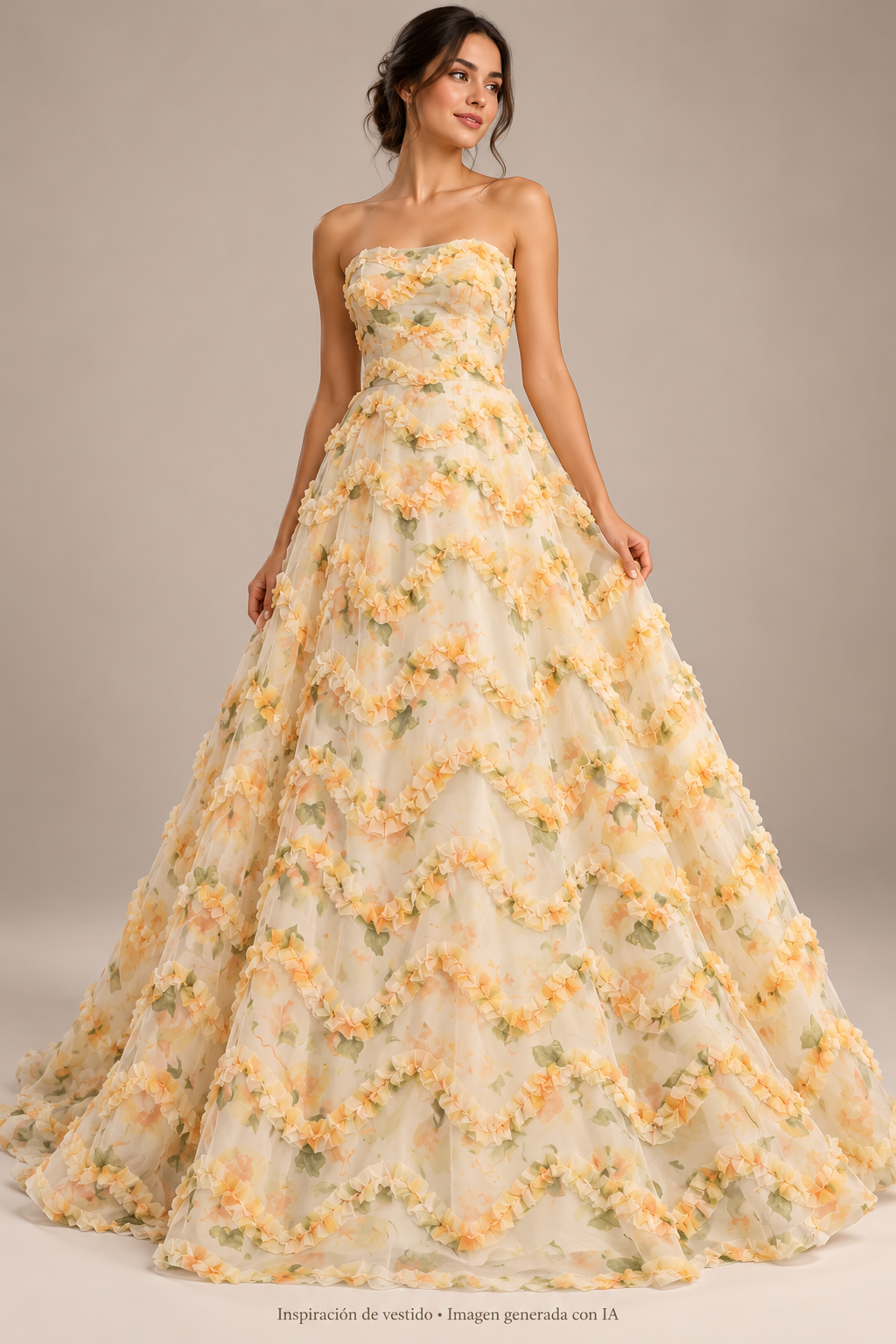 Inspiración de vestido con tela HH215 amarillo. Imagen generada con IA.