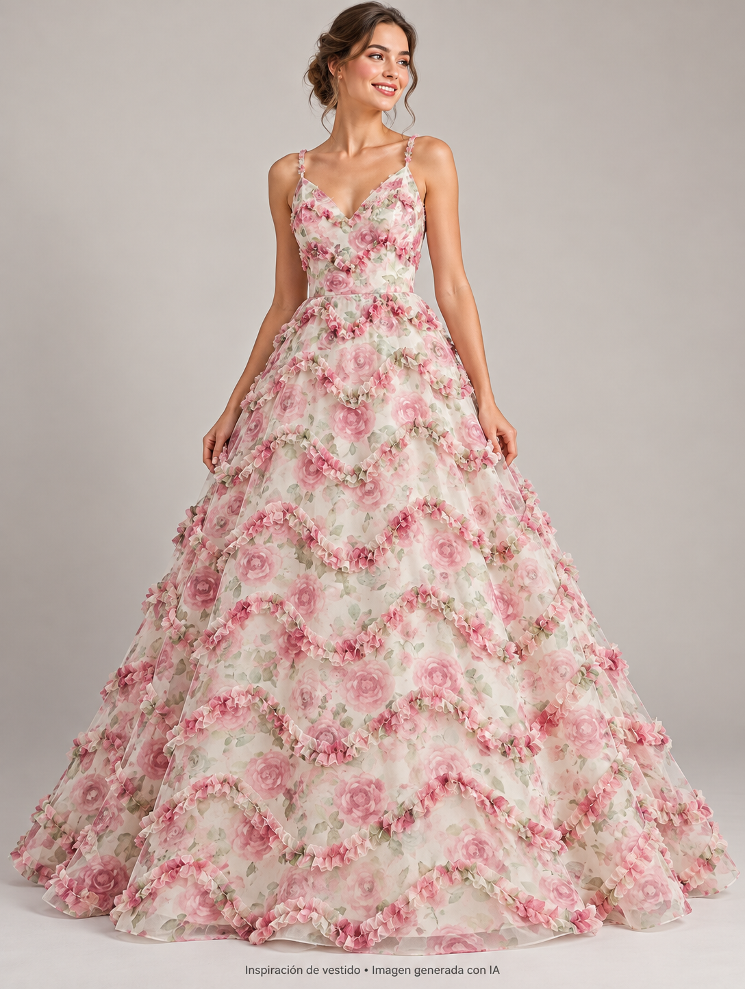 Inspiración de vestido con tela HH215 rosa. Imagen generada con IA.