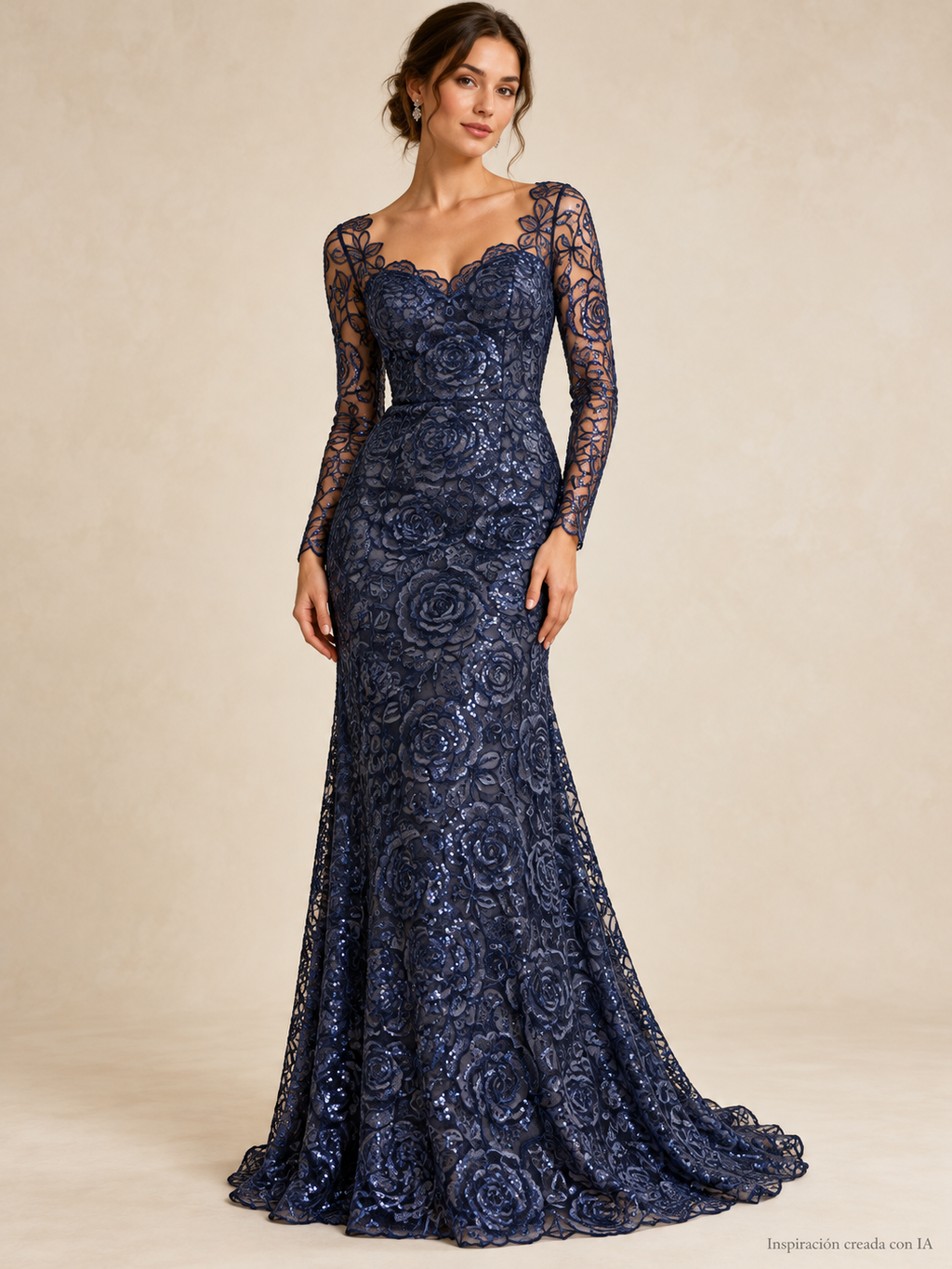 Inspiración creada con IA: vestido en tul bordado HH218 azul marino