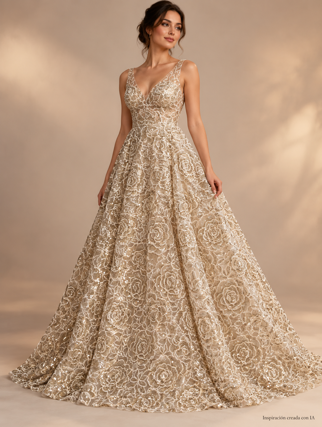 Inspiración creada con IA: vestido con tul HH218 oro