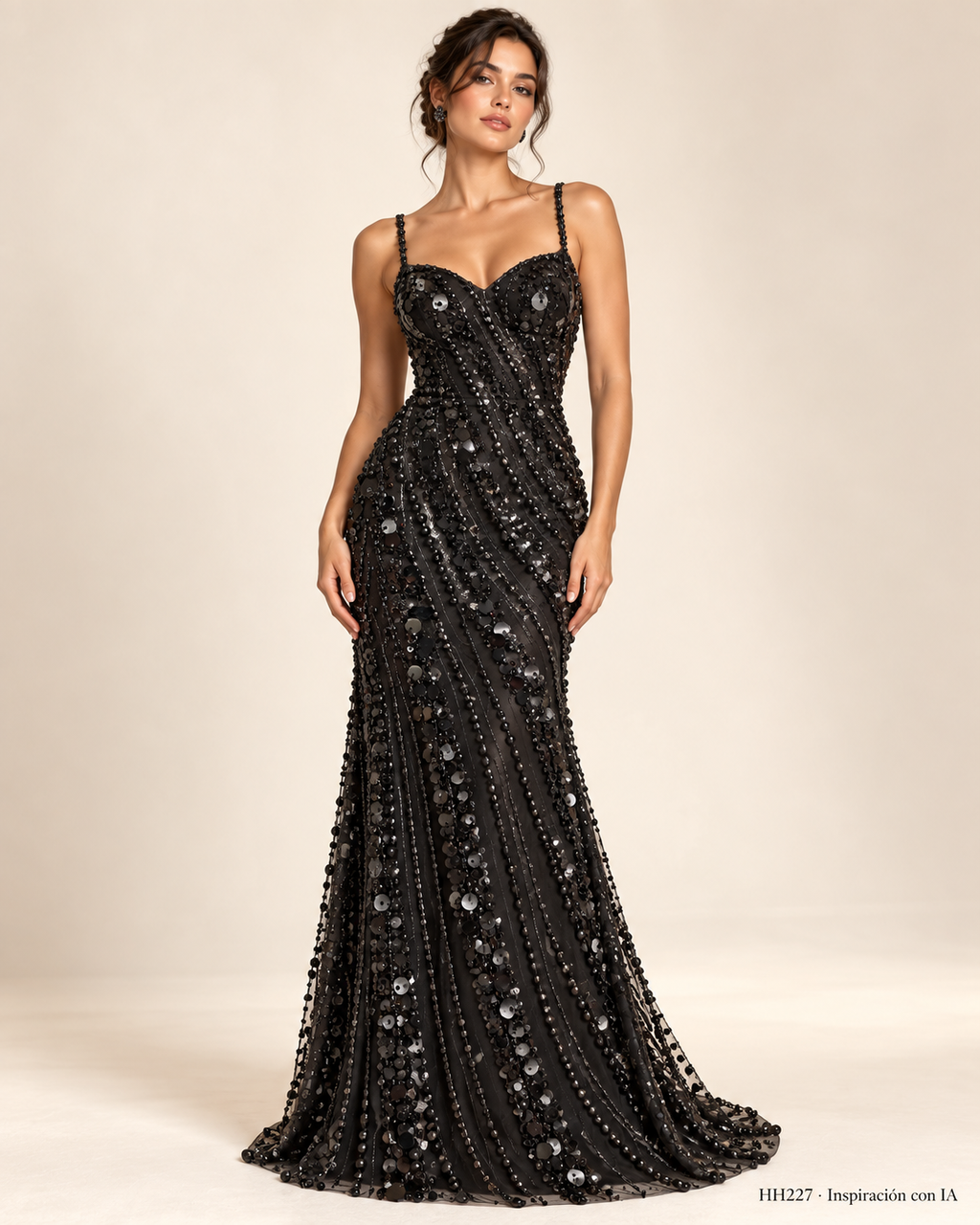 HH227 negro: vestido de inspiración generado con IA; diseño ilustrativo, se vende la tela por metro