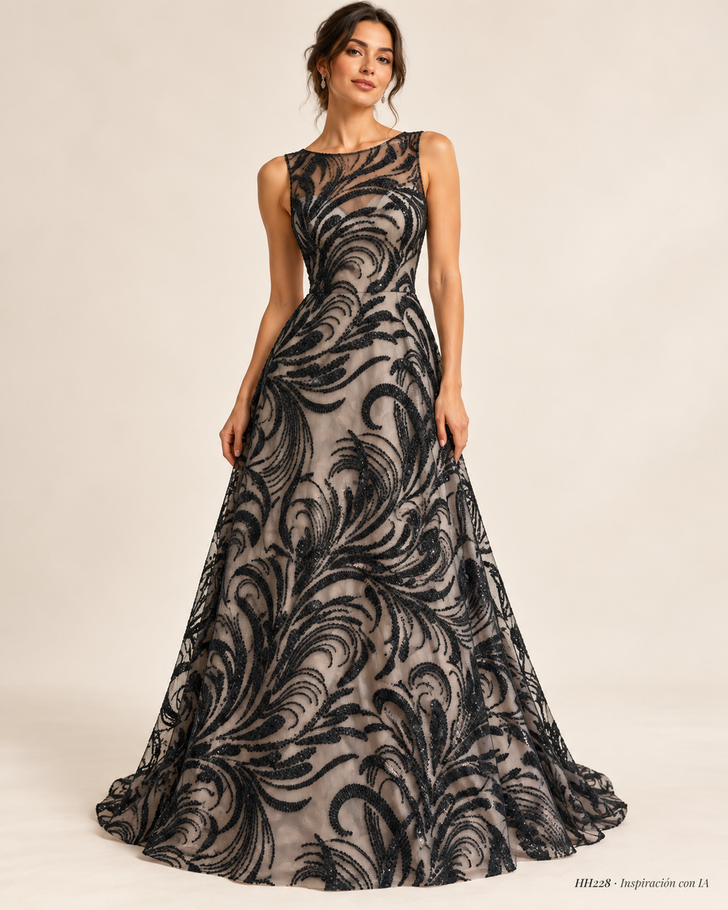 HH228 NEGRO: vestido de inspiración generado con IA; diseño ilustrativo. Se vende tela por metro.