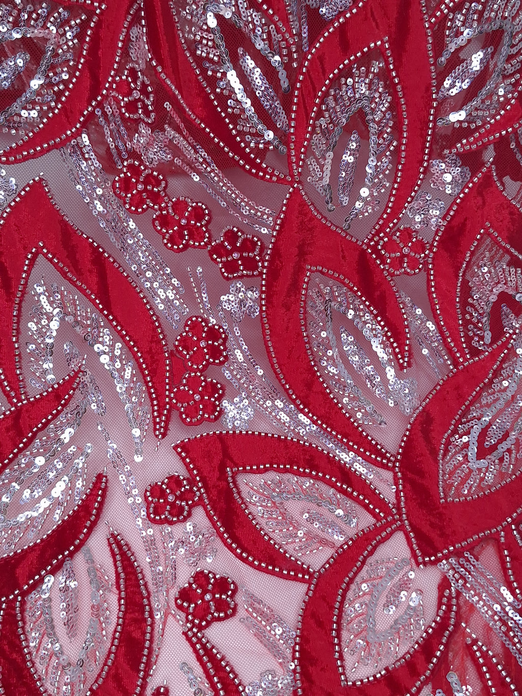 Tul Bordado Con Estampado Floral Aplicaciones de Chaquira Y Lentejuela Color Rojo- HH235 ideal para vestidos de noche y de XV años