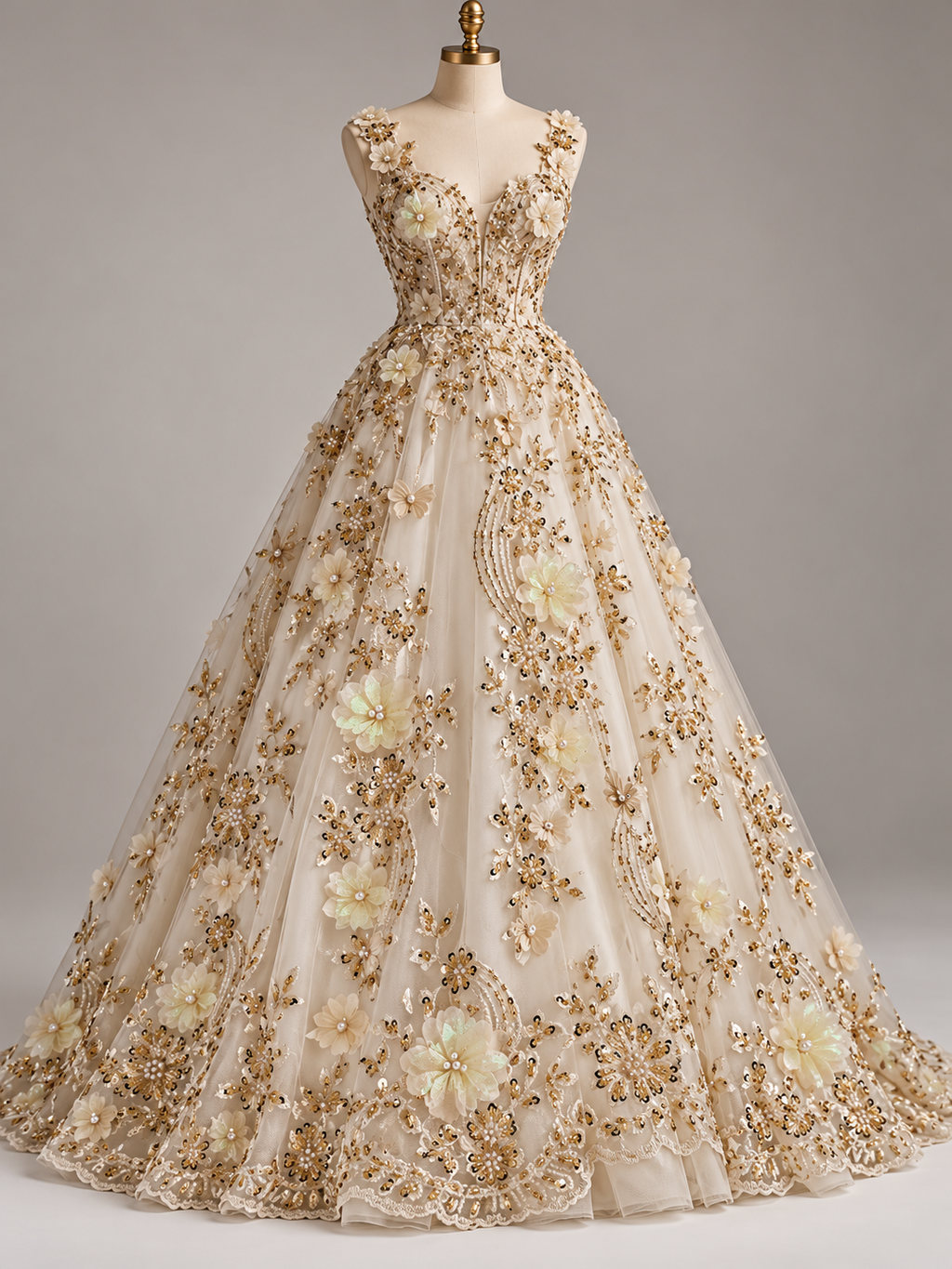 Inspiración de vestido con tela HH237 dorado, generada con IA; se vende la tela.
