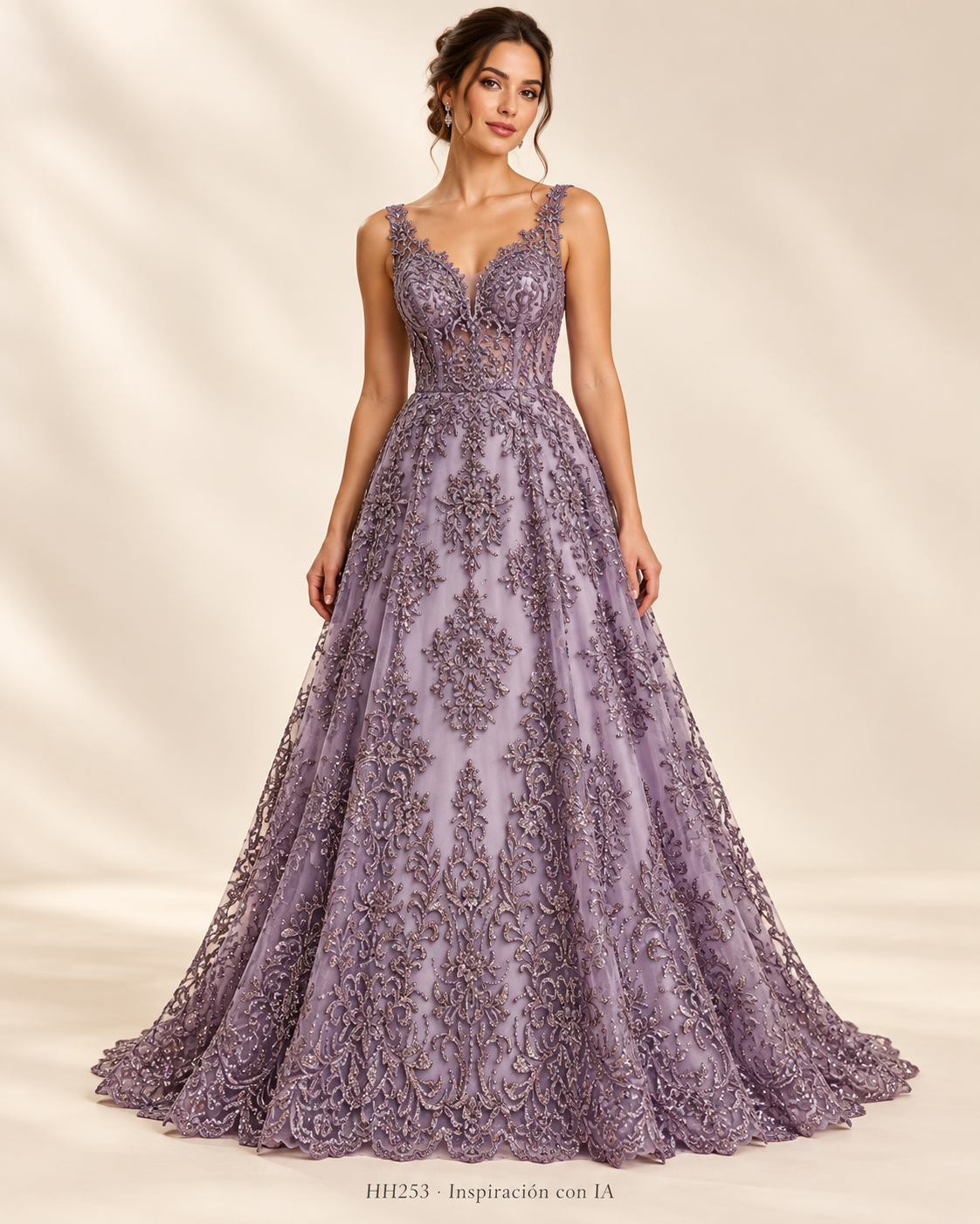 HH253 LILA: vestido de inspiración generado con IA; diseño ilustrativo. Se vende tela por metro.