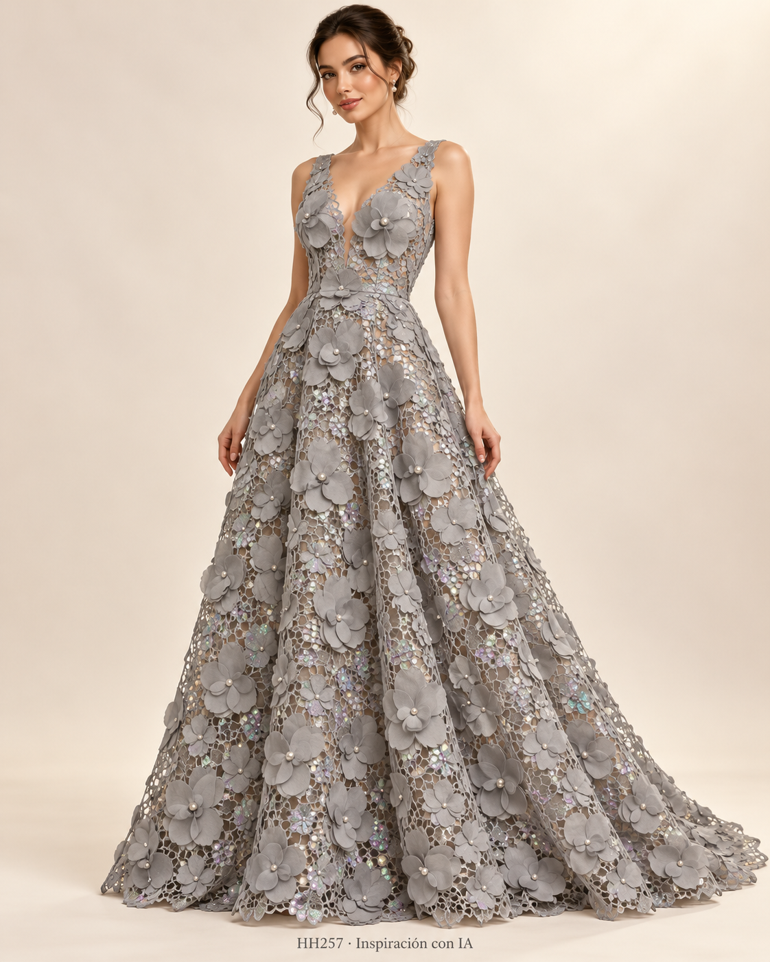 HH257: vestido de inspiración generado con IA basado en la muestra GRIS; diseño ilustrativo. Se vende tela por metro.