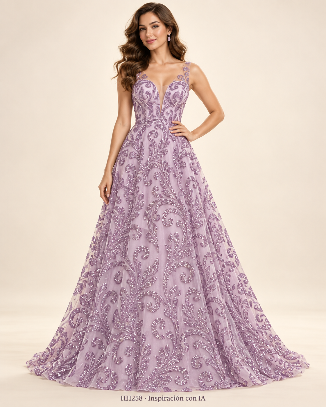 HH258: vestido de inspiración generado con IA basado en la muestra MORADO; diseño ilustrativo. Se vende tela por metro.