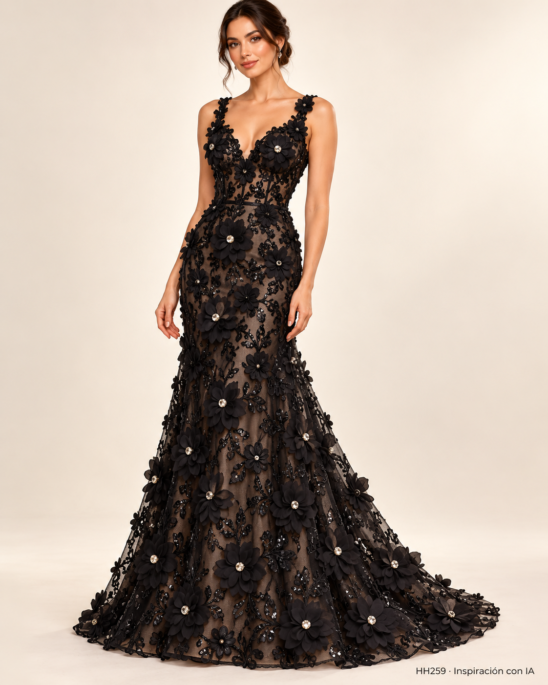 HH259: vestido de inspiración generado con IA basado en la muestra NEGRO. Se vende tela por metro.