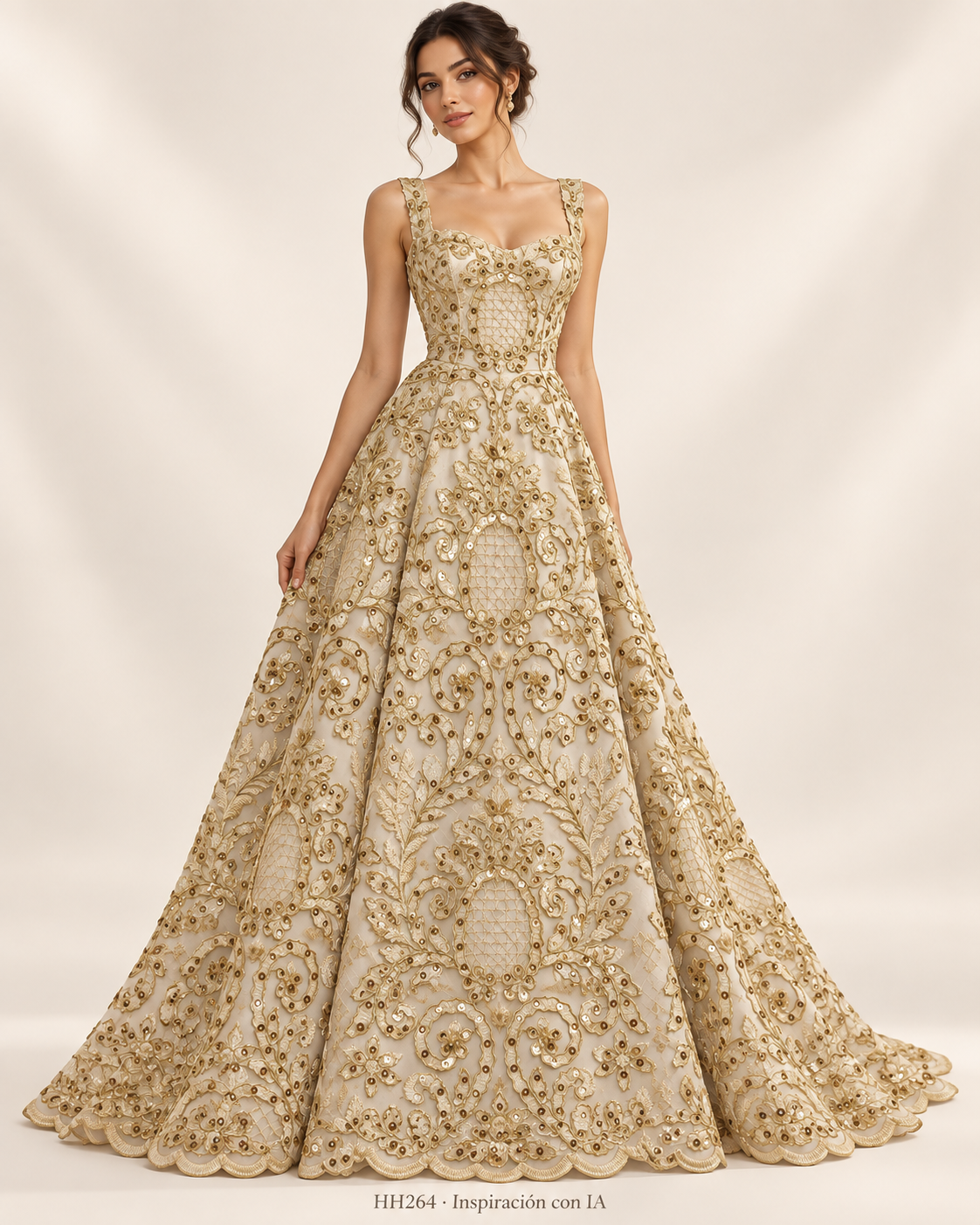HH264: vestido de inspiración generado con IA basado en la muestra DORADO; diseño ilustrativo. Se vende tela por metro.