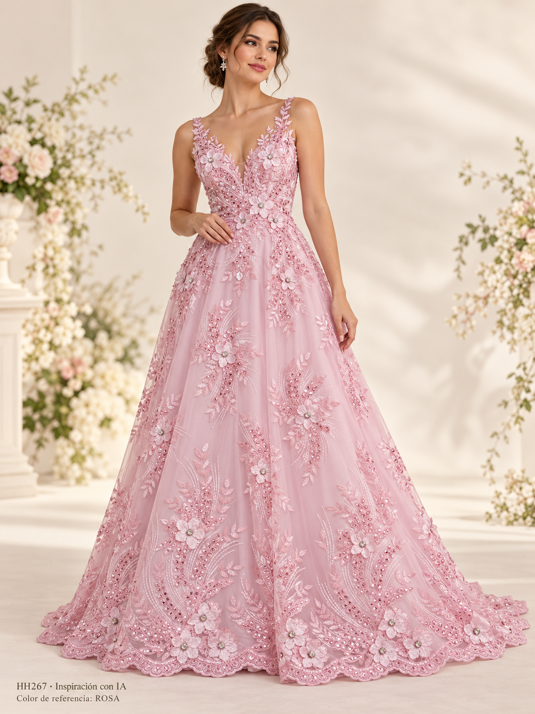 Vestido de inspiración con IA HH267. Color de referencia ROSA; no confirma los tonos en inventario.