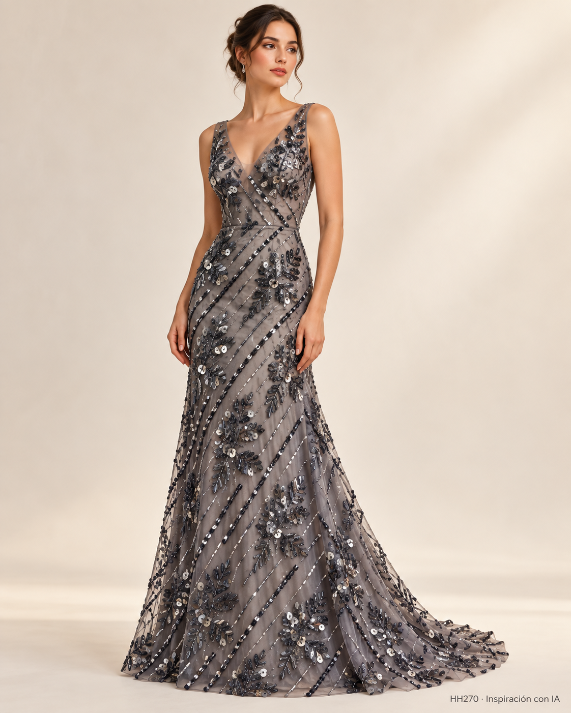 HH270: vestido de inspiración generado con IA basado en la muestra GRIS. Se vende tela por metro.