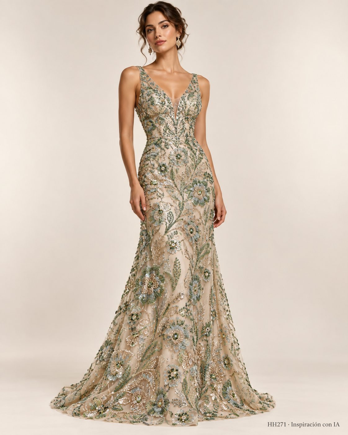 HH271: vestido de inspiración generado con IA, diseño ilustrativo basado en VERDE. Se vende tela por metro.