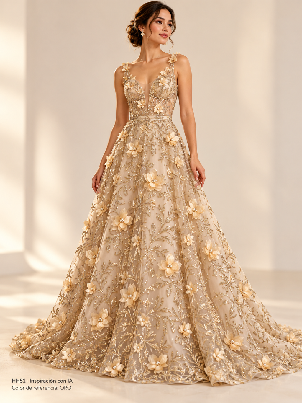 Vestido de inspiración con IA HH51. Color de referencia ORO; no confirma los tonos en inventario.