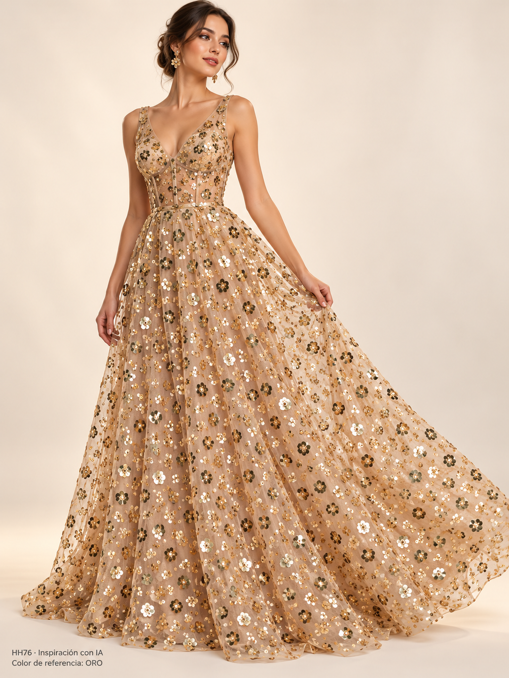 Vestido de inspiración con IA HH76. Color de referencia ORO; no confirma los tonos en inventario.