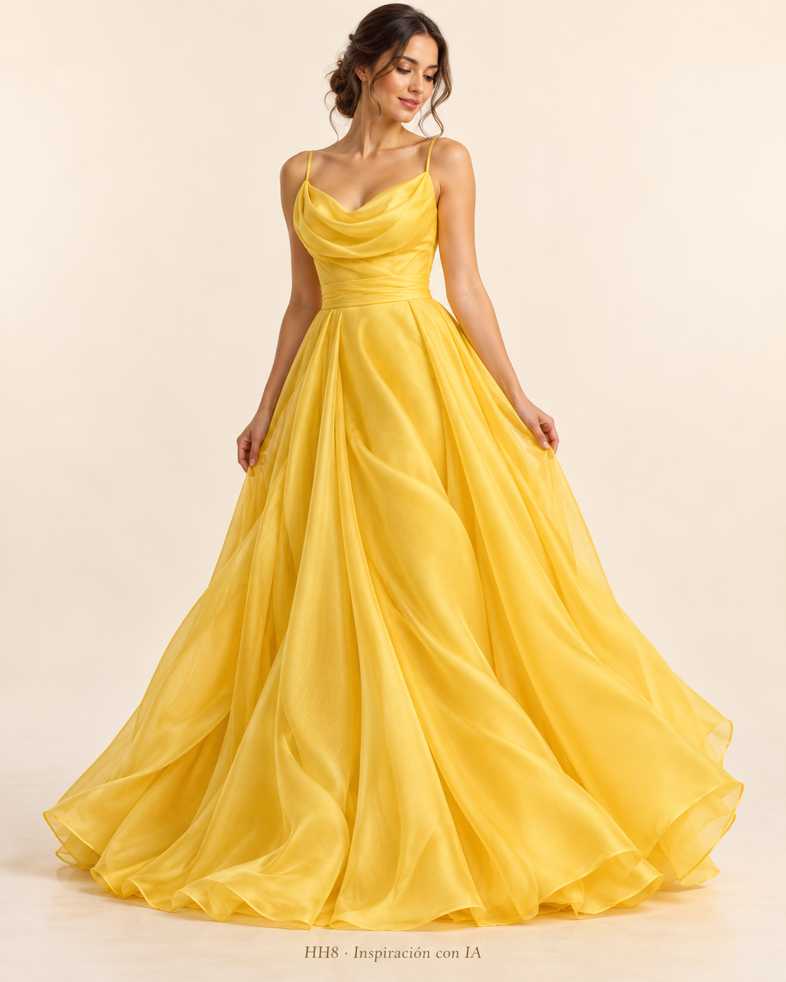 HH8 AMARILLO: vestido de inspiración generado con IA; diseño ilustrativo. Se vende tela por metro.