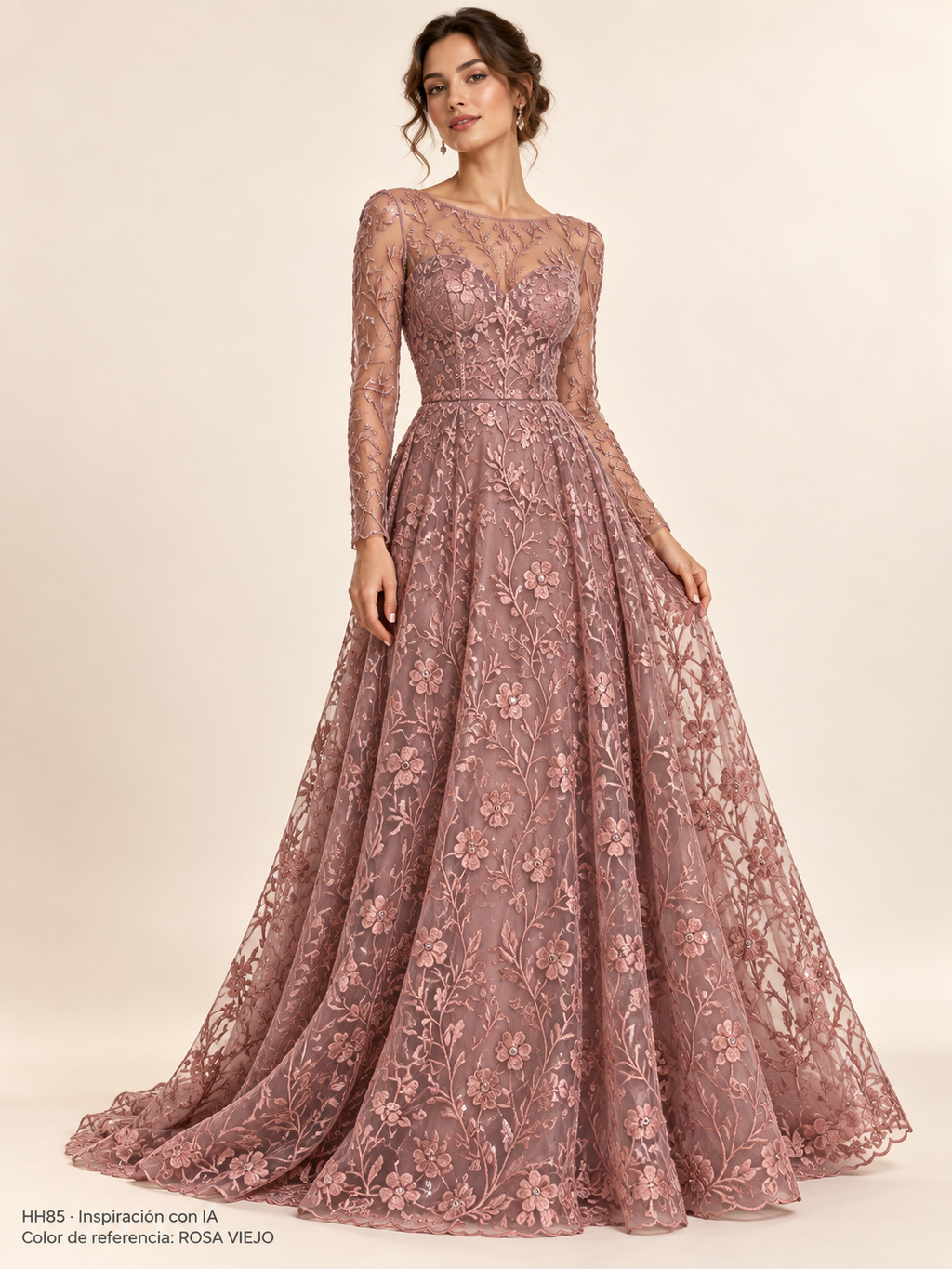 Vestido de inspiración con IA HH85. Color de referencia ROSA VIEJO; no confirma los tonos en inventario.