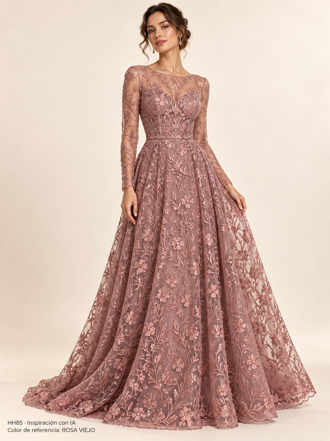 Vestido de inspiración con IA HH85. Color de referencia ROSA VIEJO; no confirma los tonos en inventario.