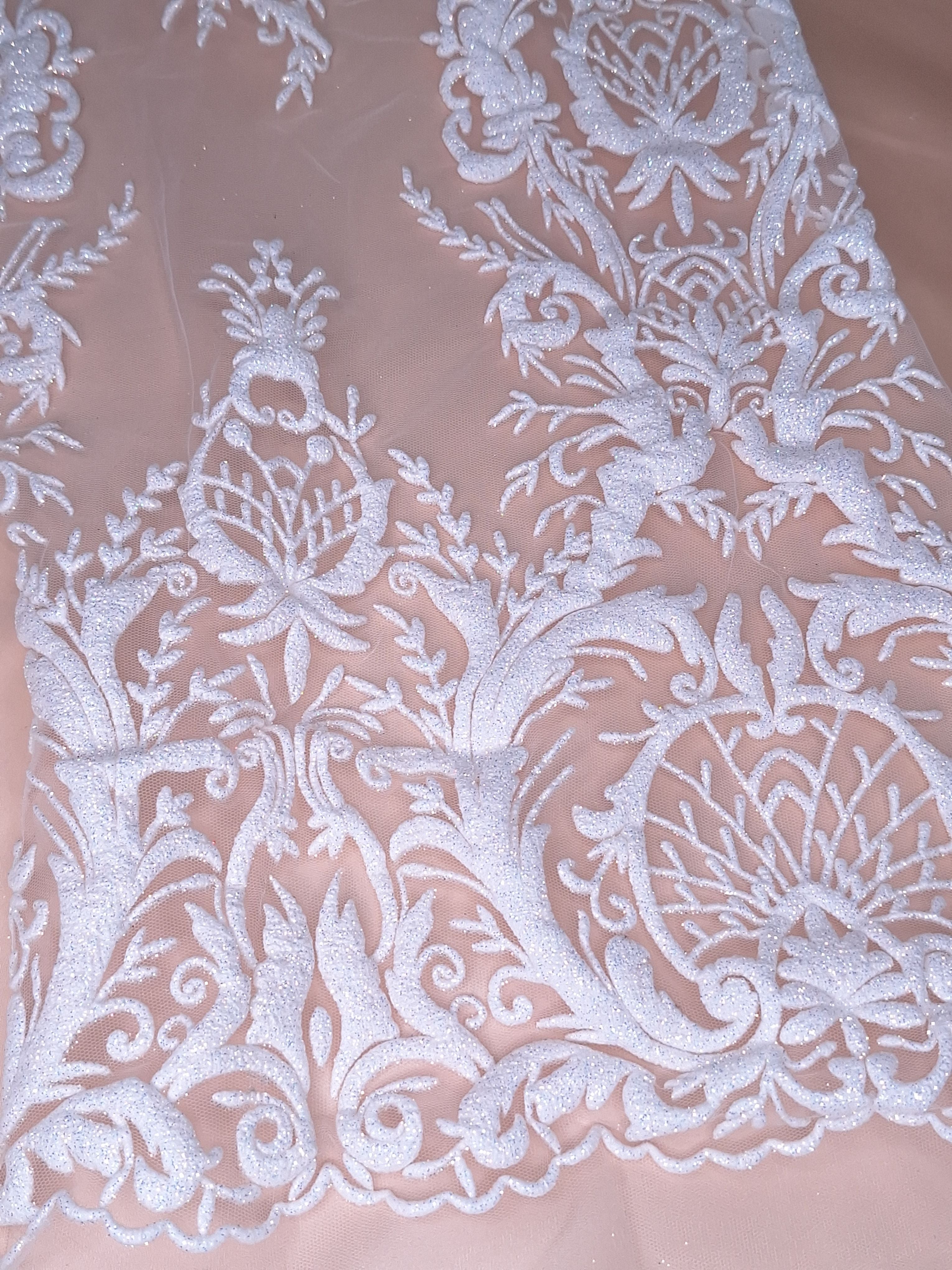 Tul bordado color blanco H169, ideal para vestidos de noche de boda y de XV años