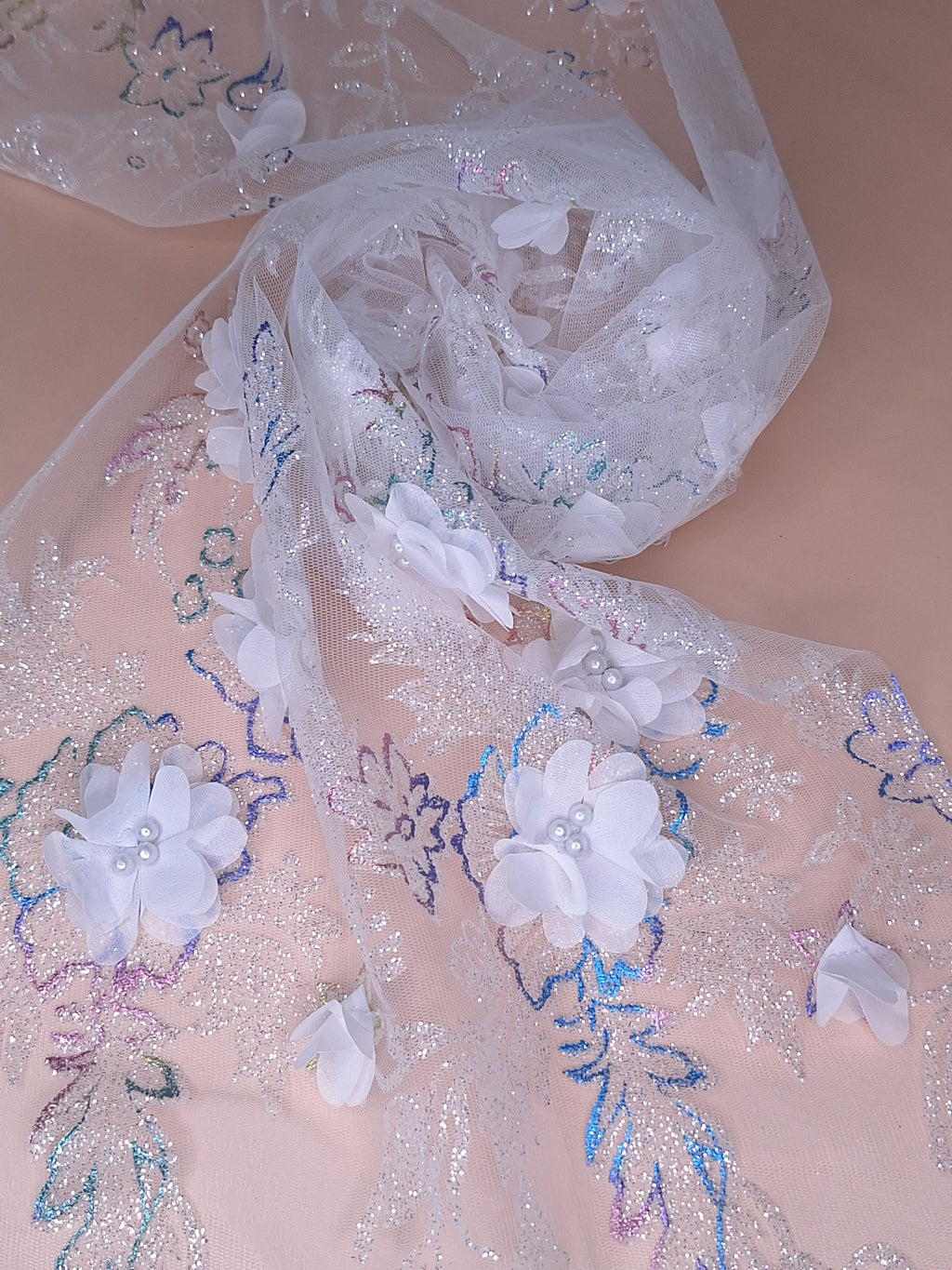 Tul bordado color blanco H097, ideal para vestidos de noche de boda y de XV años