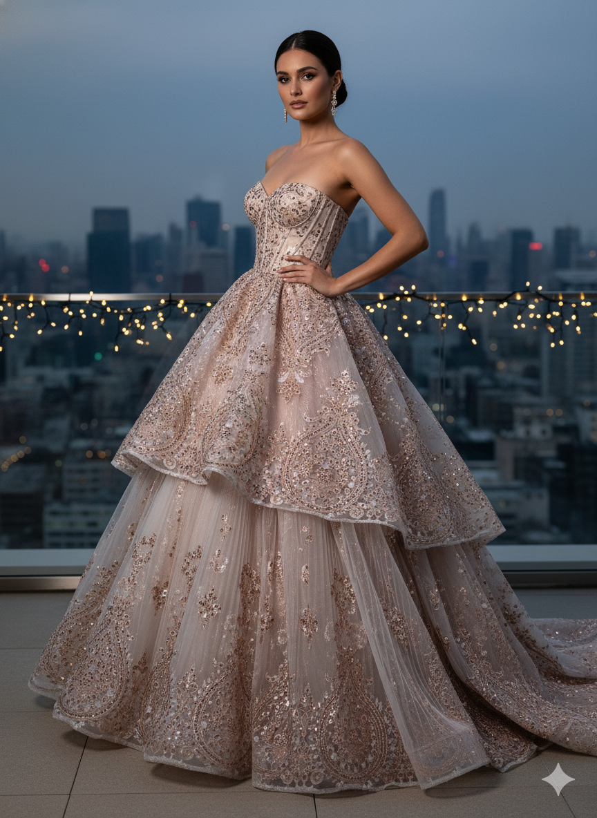 Tul bordado color oro H129, ideal para vestidos de noche de boda y de XV años
